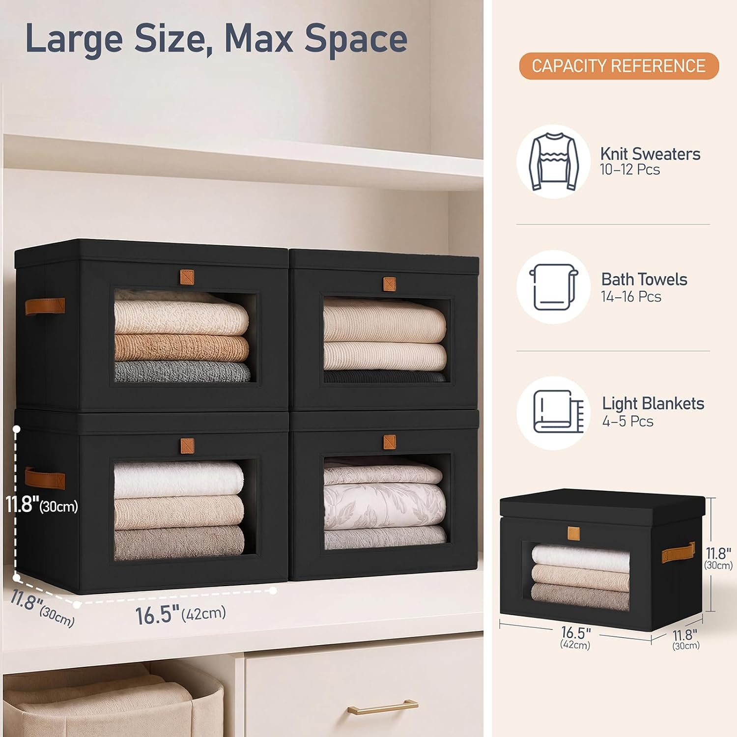 image:imageDIMJ Storage Bins with Lids 6 Pack Front Opening Stackable Fabric Storage Boxes with Clear Window amp Handles Collapsible Closet Organizers for Clothes Sweaters Shelf Storage Bedroom GrayBlack
