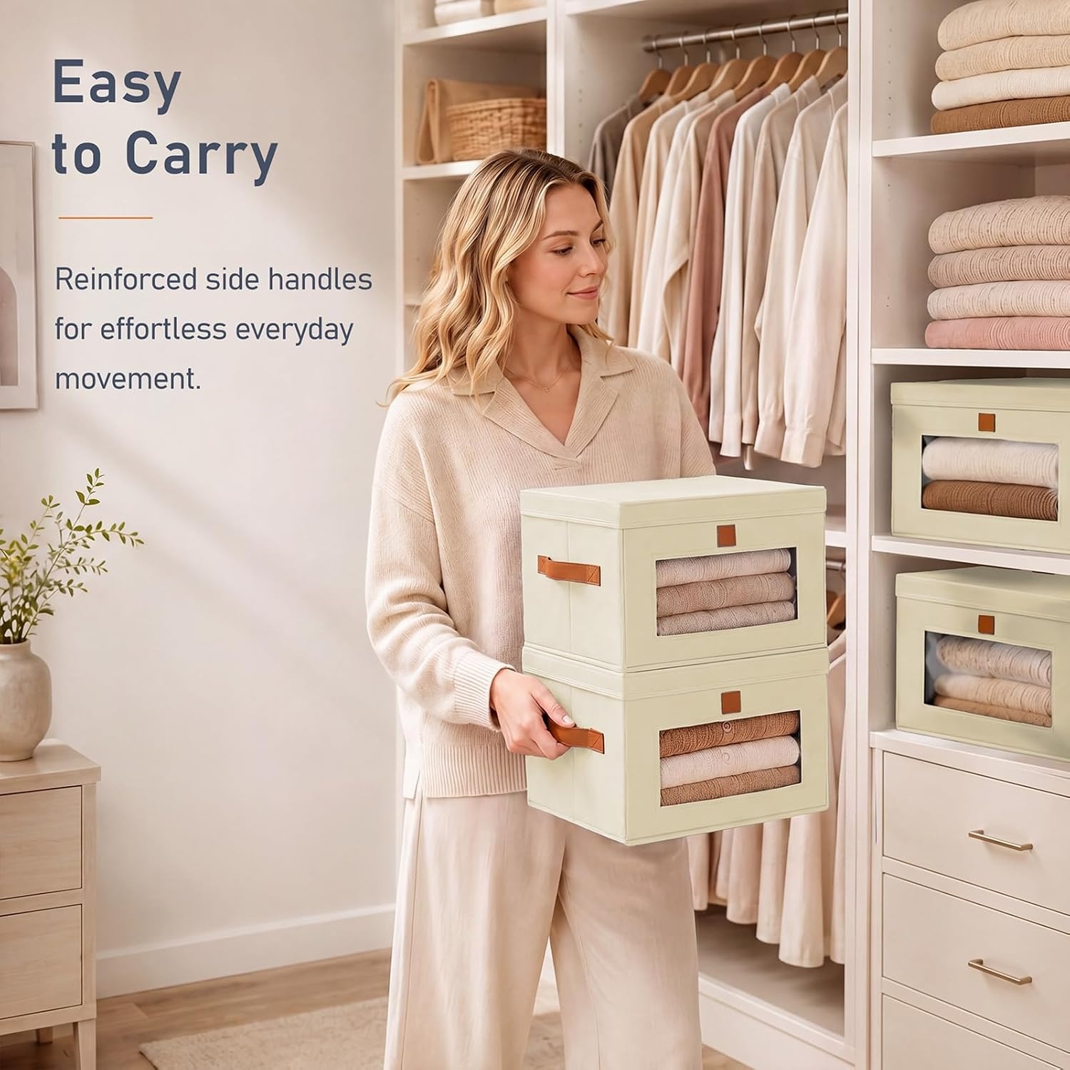 image:imageDIMJ Storage Bins with Lids 6 Pack Front Opening Stackable Fabric Storage Boxes with Clear Window amp Handles Collapsible Closet Organizers for Clothes Sweaters Shelf Storage Bedroom GrayBeige