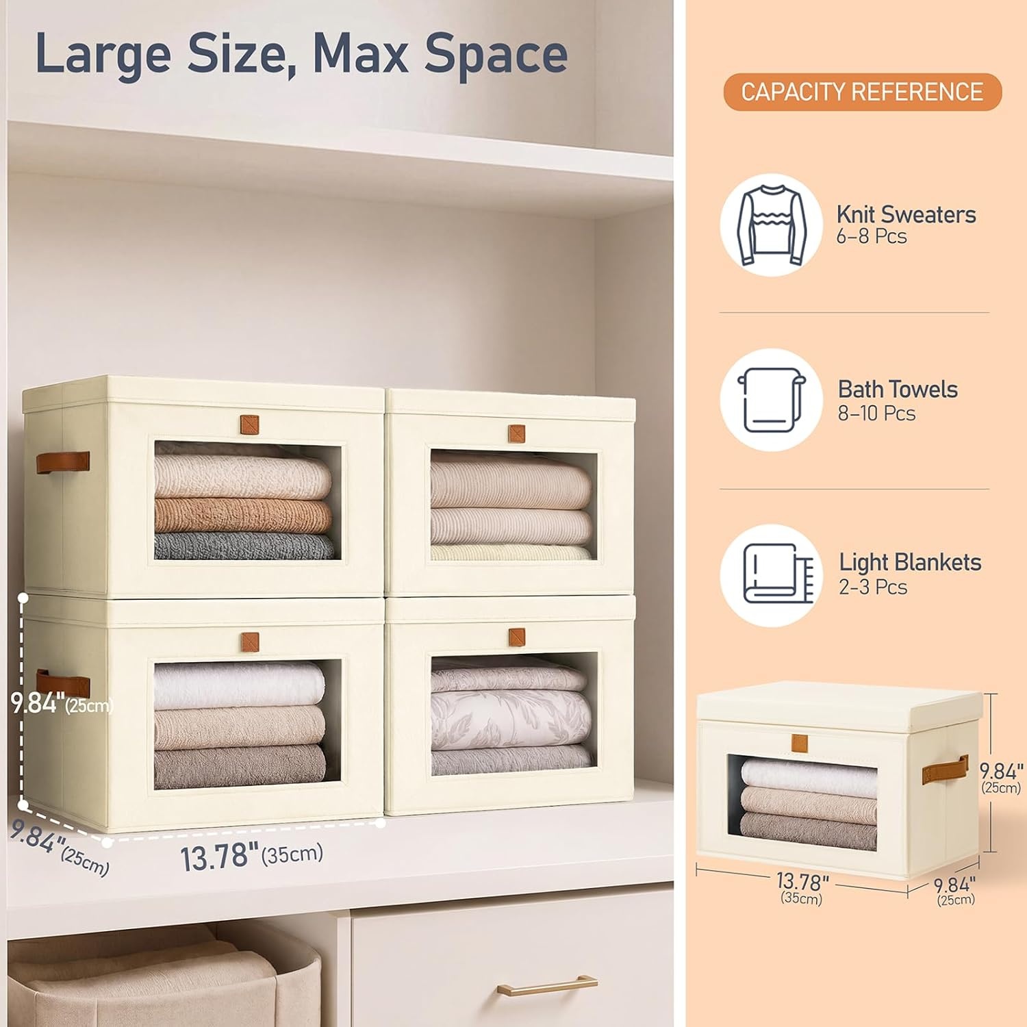 image:imageDIMJ Storage Bins with Lids 6 Pack Front Opening Stackable Fabric Storage Boxes with Clear Window amp Handles Collapsible Closet Organizers for Clothes Sweaters Shelf Storage Bedroom GrayBeige