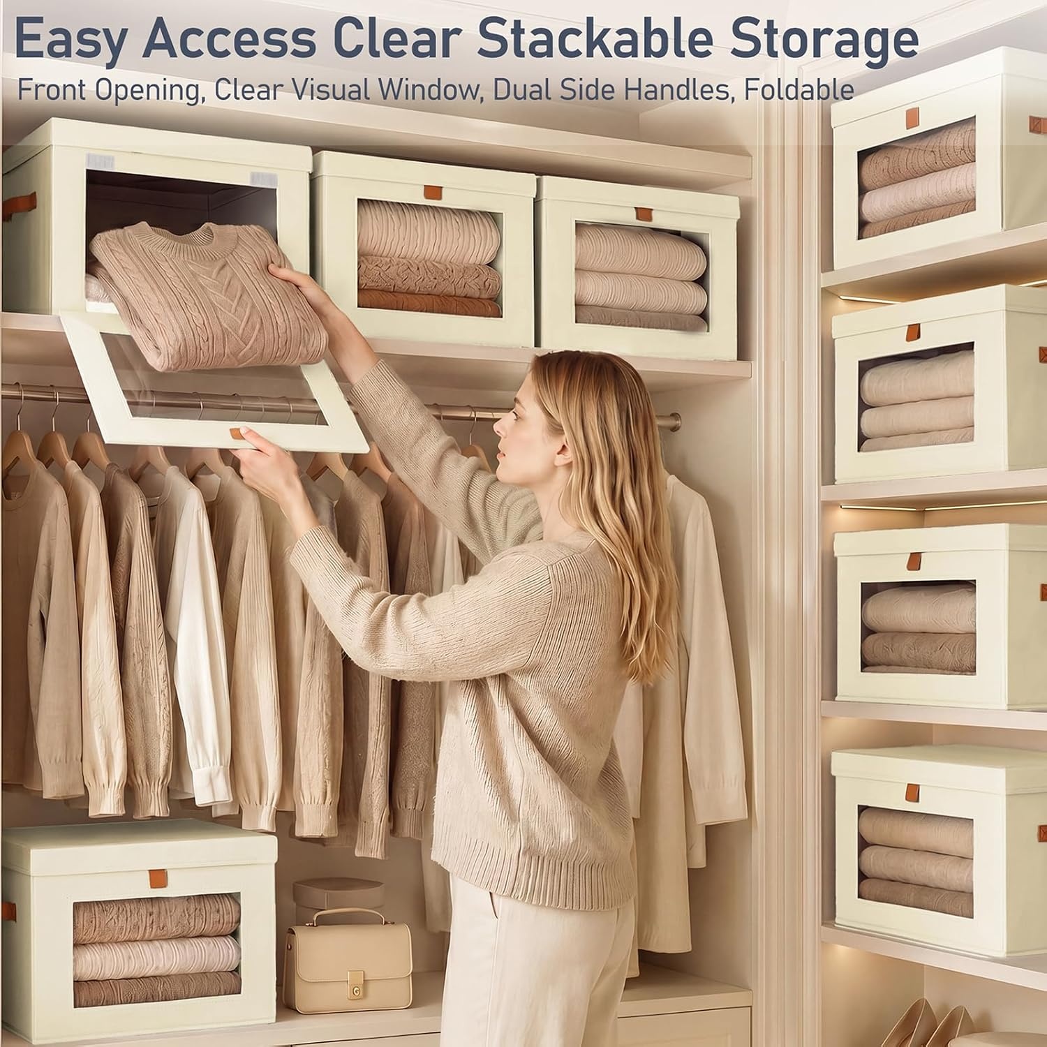 image:imageDIMJ Storage Bins with Lids 6 Pack Front Opening Stackable Fabric Storage Boxes with Clear Window amp Handles Collapsible Closet Organizers for Clothes Sweaters Shelf Storage Bedroom GrayBeige