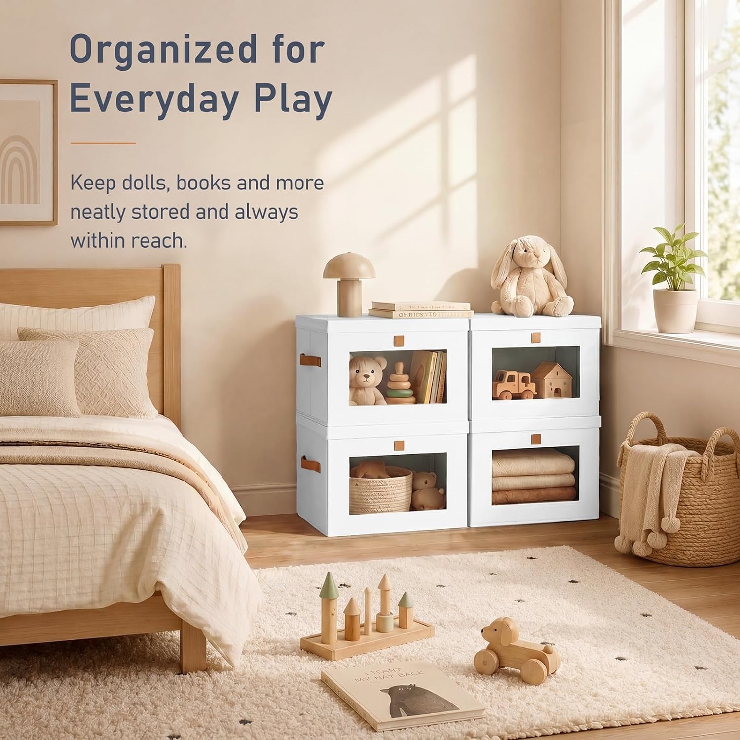 image:imageDIMJ Storage Bins with Lids 6 Pack Front Opening Stackable Fabric Storage Boxes with Clear Window amp Handles Collapsible Closet Organizers for Clothes Sweaters Shelf Storage Bedroom GrayWhite
