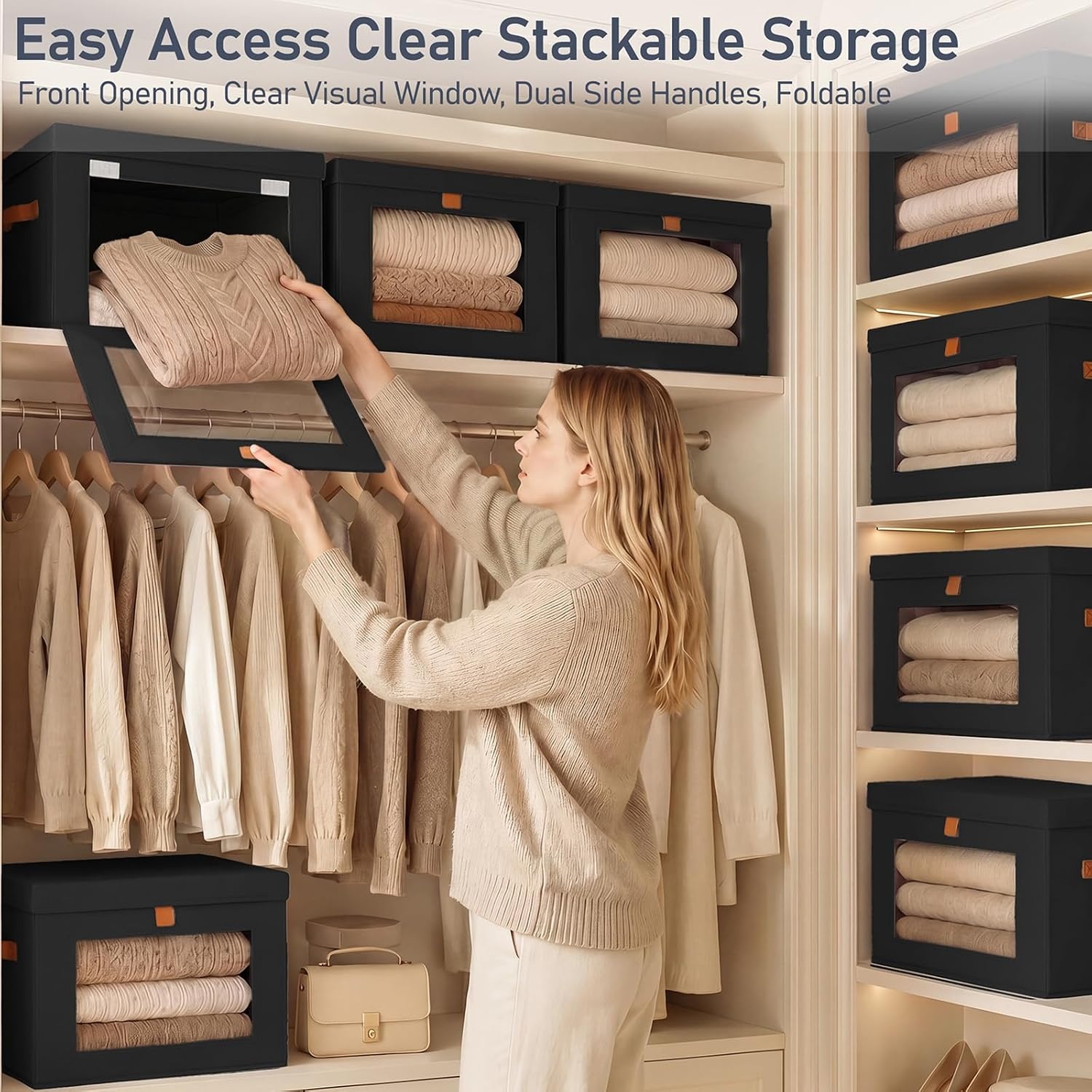 image:imageDIMJ Storage Bins with Lids 6 Pack Front Opening Stackable Fabric Storage Boxes with Clear Window amp Handles Collapsible Closet Organizers for Clothes Sweaters Shelf Storage Bedroom GrayBlack