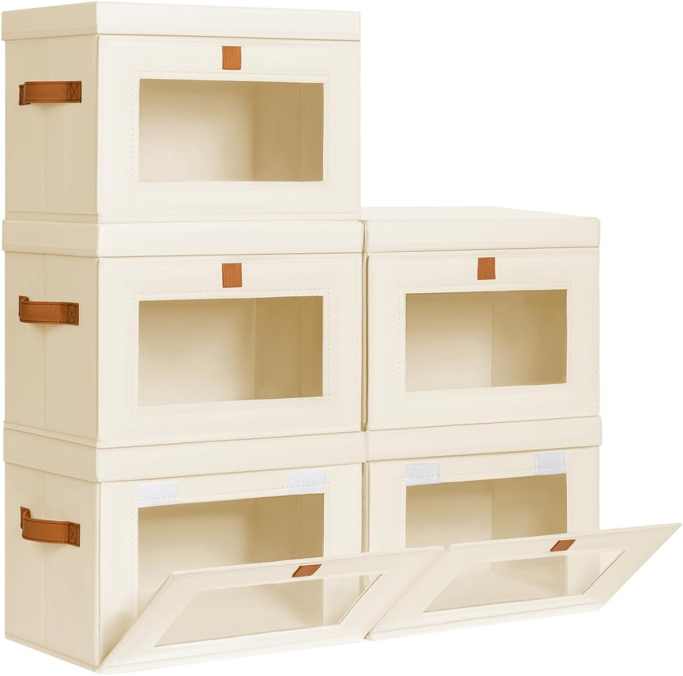 image:imageDIMJ Storage Bins with Lids 6 Pack Front Opening Stackable Fabric Storage Boxes with Clear Window amp Handles Collapsible Closet Organizers for Clothes Sweaters Shelf Storage Bedroom GrayBeige