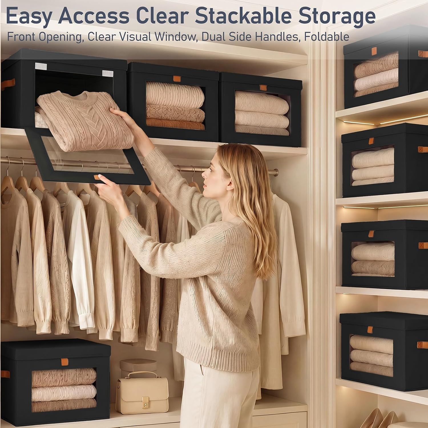 image:imageDIMJ Storage Bins with Lids 6 Pack Front Opening Stackable Fabric Storage Boxes with Clear Window amp Handles Collapsible Closet Organizers for Clothes Sweaters Shelf Storage Bedroom GrayBlack