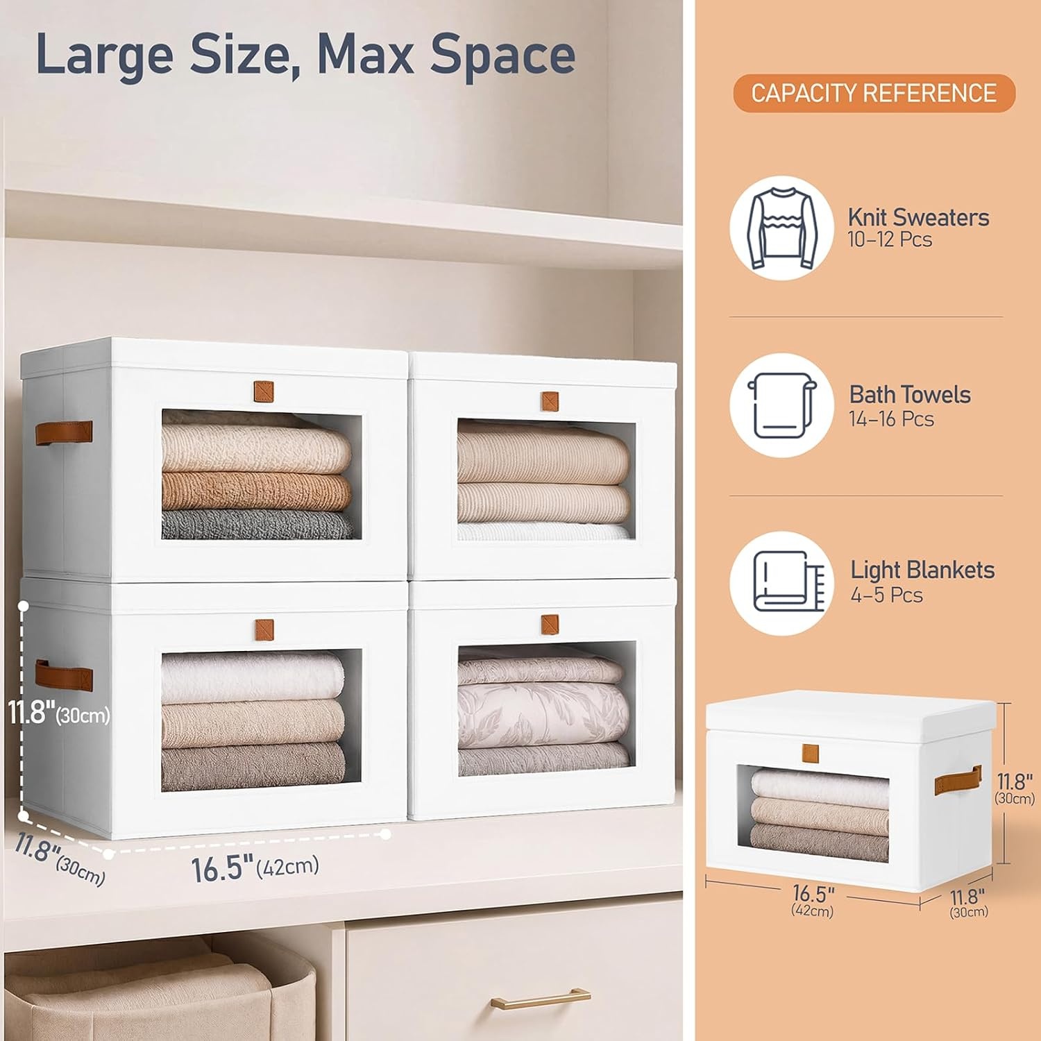 image:imageDIMJ Storage Bins with Lids 6 Pack Front Opening Stackable Fabric Storage Boxes with Clear Window amp Handles Collapsible Closet Organizers for Clothes Sweaters Shelf Storage Bedroom GrayWhite