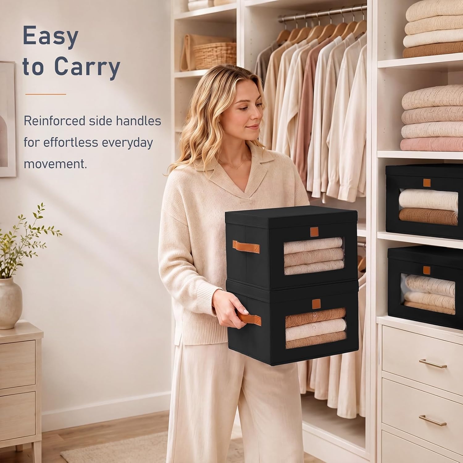 image:imageDIMJ Storage Bins with Lids 6 Pack Front Opening Stackable Fabric Storage Boxes with Clear Window amp Handles Collapsible Closet Organizers for Clothes Sweaters Shelf Storage Bedroom GrayBlack