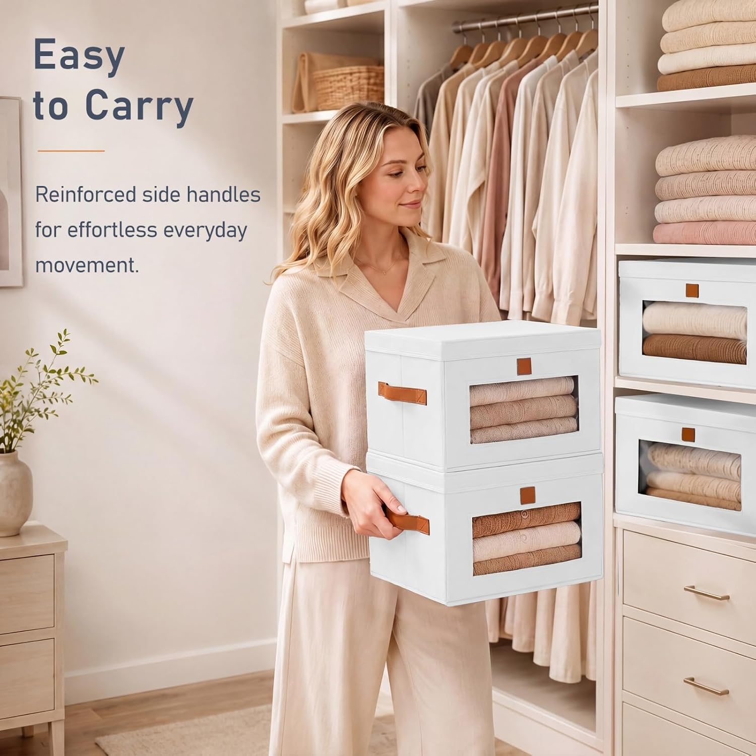 image:imageDIMJ Storage Bins with Lids 6 Pack Front Opening Stackable Fabric Storage Boxes with Clear Window amp Handles Collapsible Closet Organizers for Clothes Sweaters Shelf Storage Bedroom GrayWhite
