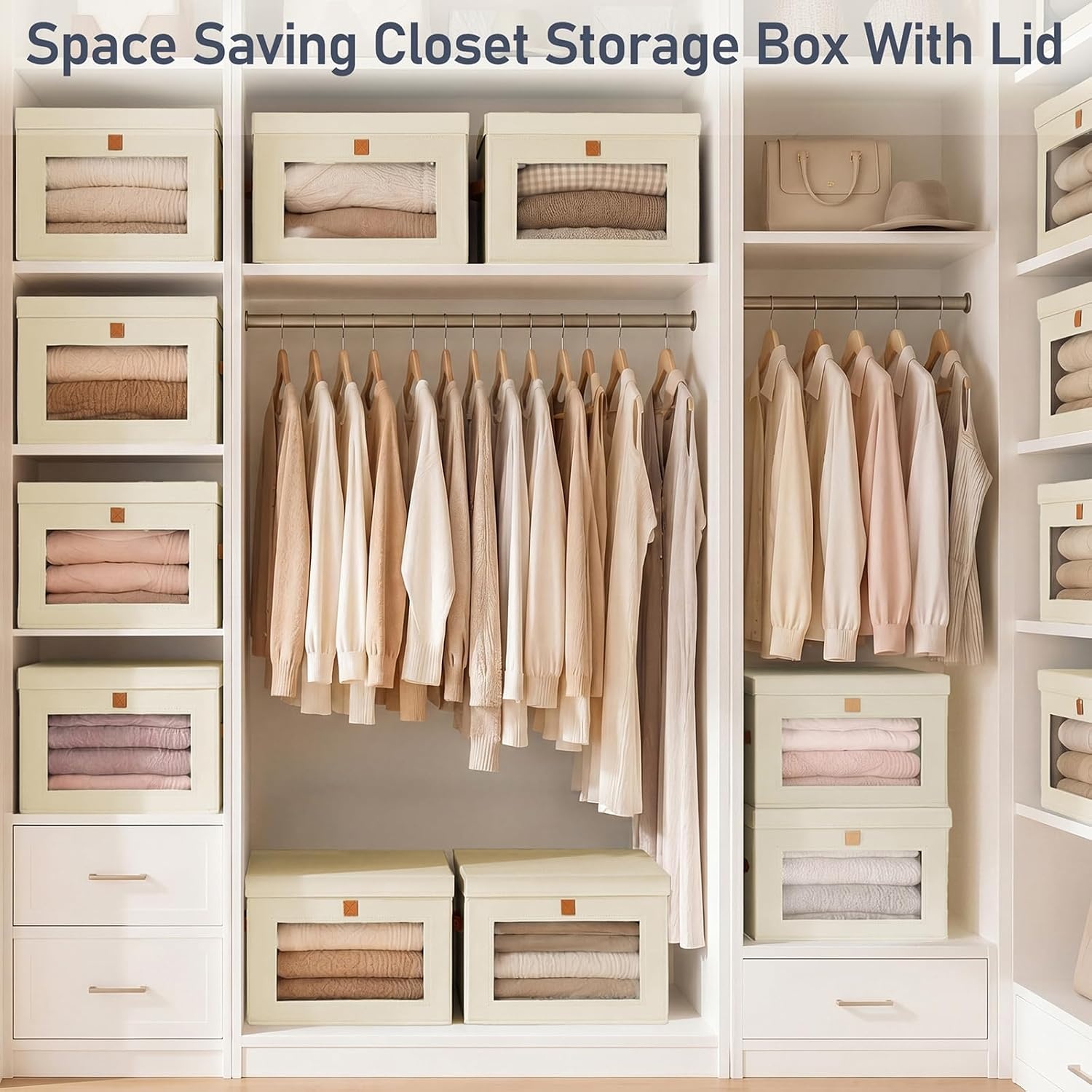 image:imageDIMJ Storage Bins with Lids 6 Pack Front Opening Stackable Fabric Storage Boxes with Clear Window amp Handles Collapsible Closet Organizers for Clothes Sweaters Shelf Storage Bedroom GrayBeige