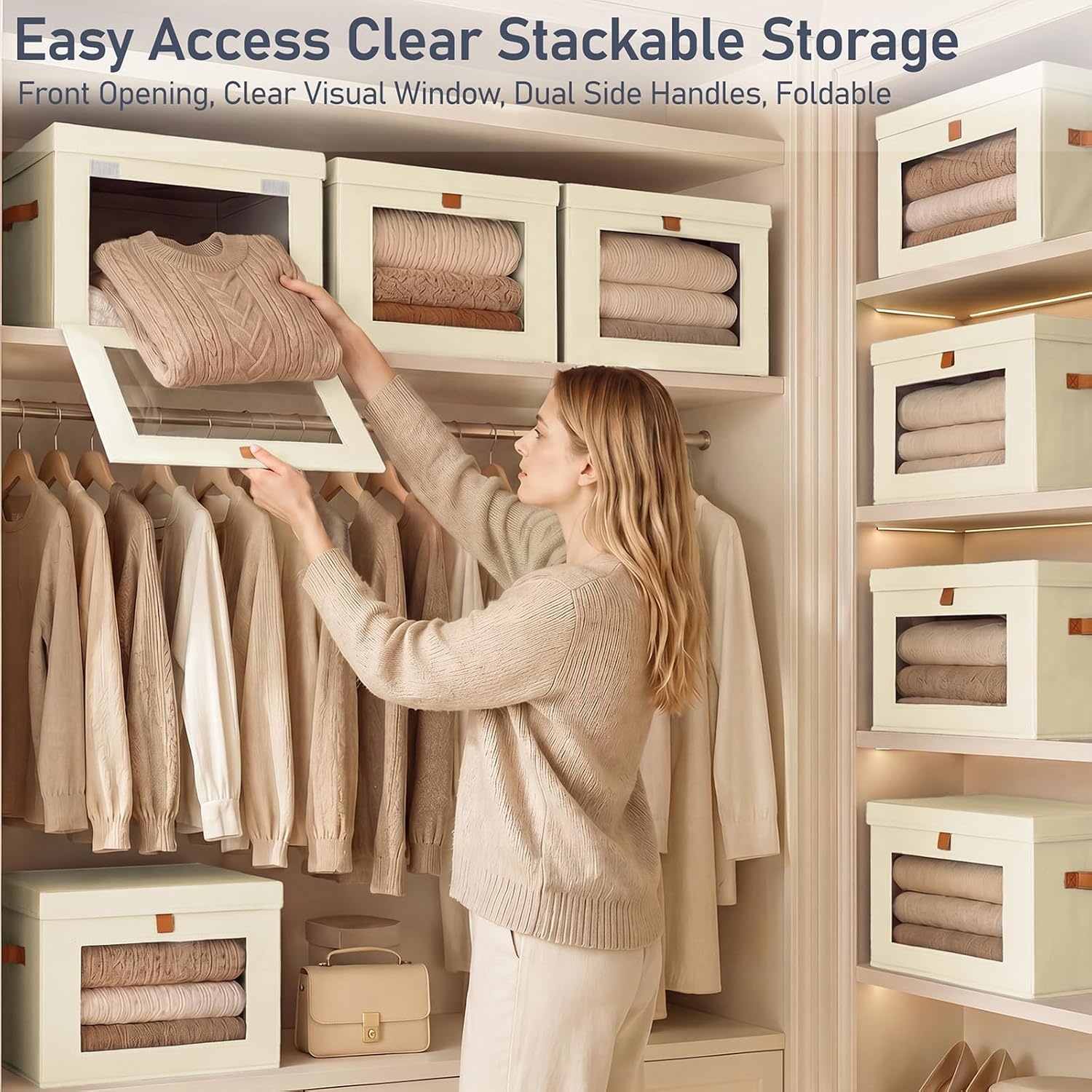 image:imageDIMJ Storage Bins with Lids 6 Pack Front Opening Stackable Fabric Storage Boxes with Clear Window amp Handles Collapsible Closet Organizers for Clothes Sweaters Shelf Storage Bedroom GrayBeige