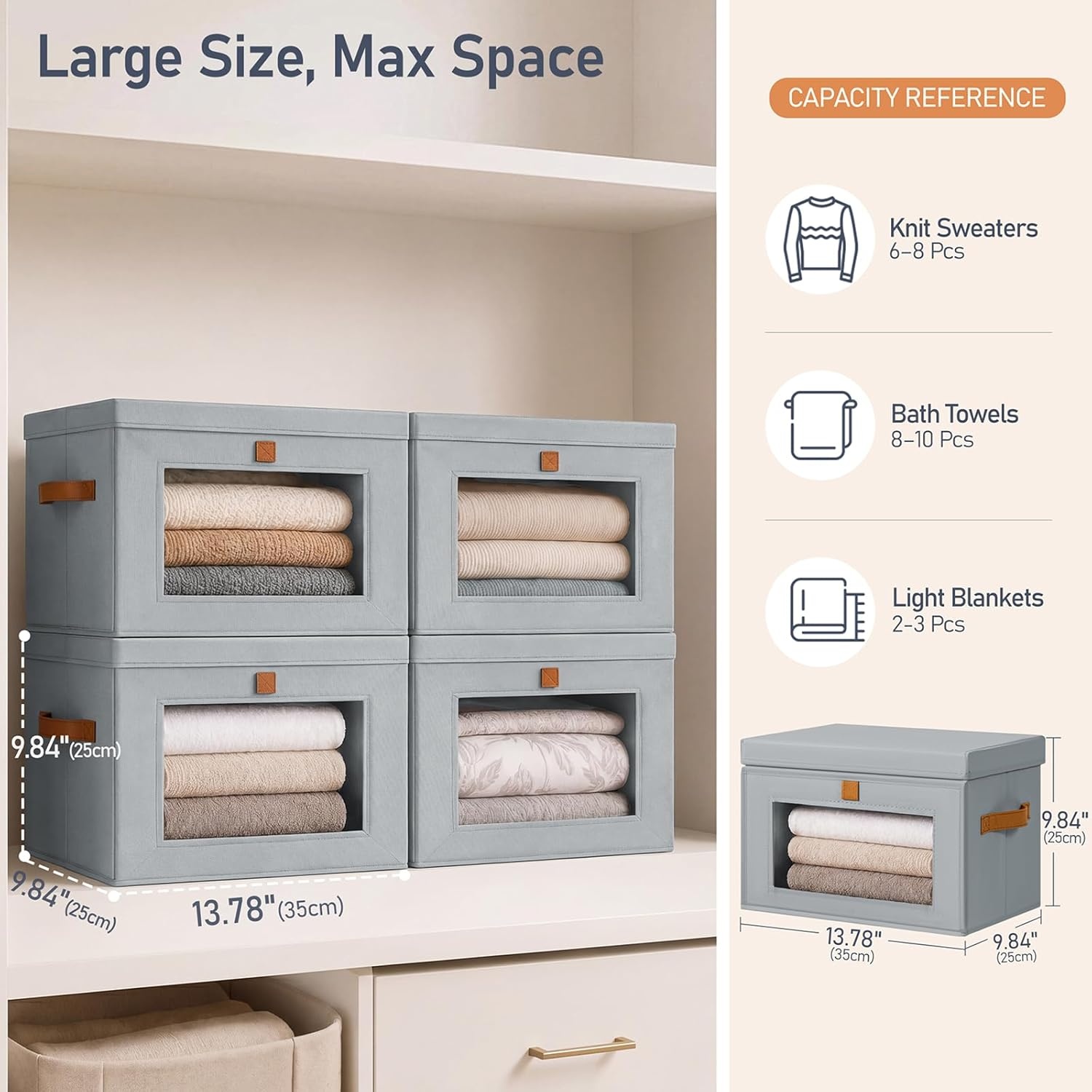 image:imageDIMJ Storage Bins with Lids 6 Pack Front Opening Stackable Fabric Storage Boxes with Clear Window amp Handles Collapsible Closet Organizers for Clothes Sweaters Shelf Storage Bedroom GrayGray
