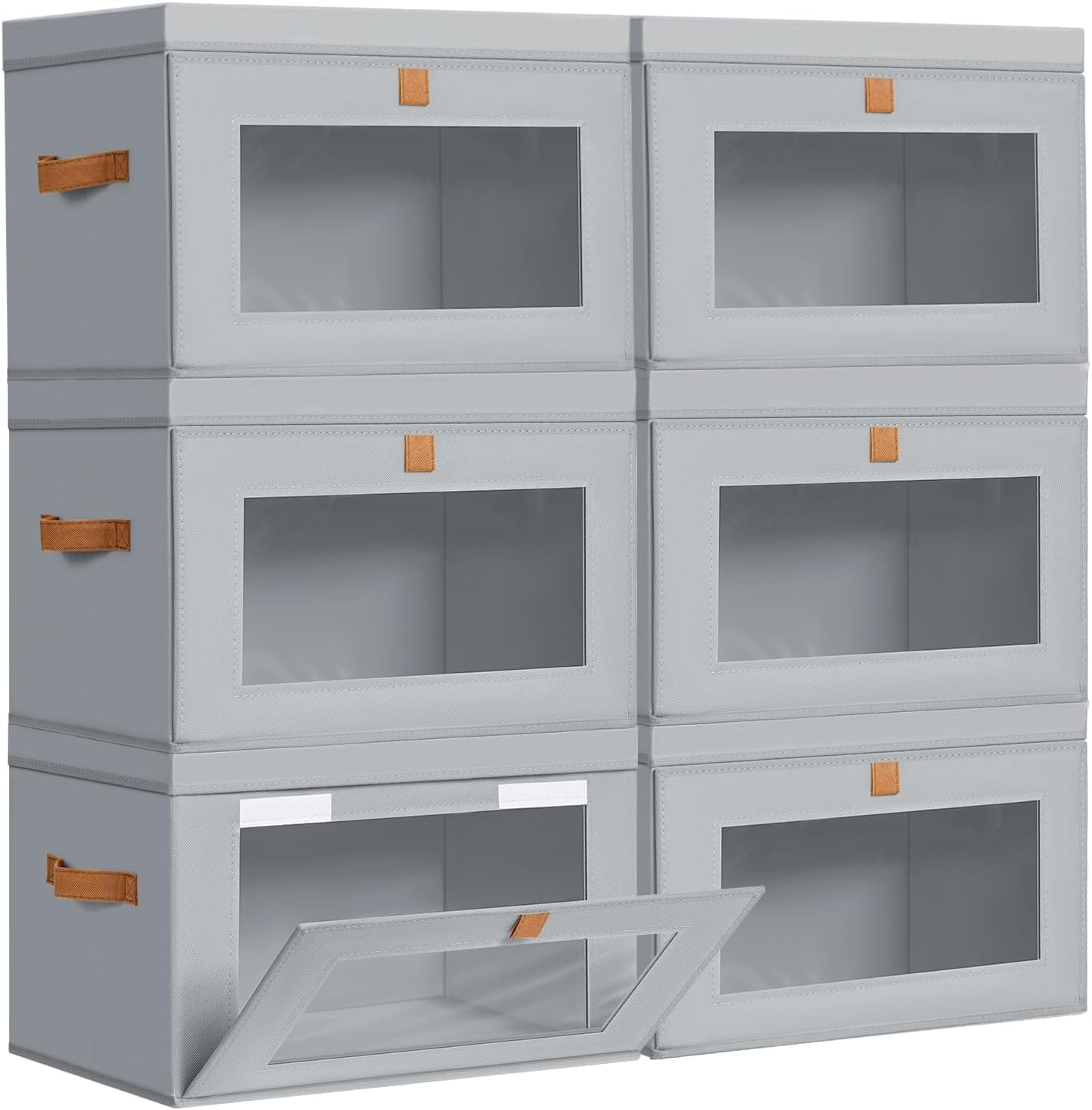 image:imageDIMJ Storage Bins with Lids 6 Pack Large Fabric Closet Organizer with Window amp Handles Collapsible Decorative Storage Boxes for Shelves Under Bed Books Clothes Blankets Sweaters OrganizationGray