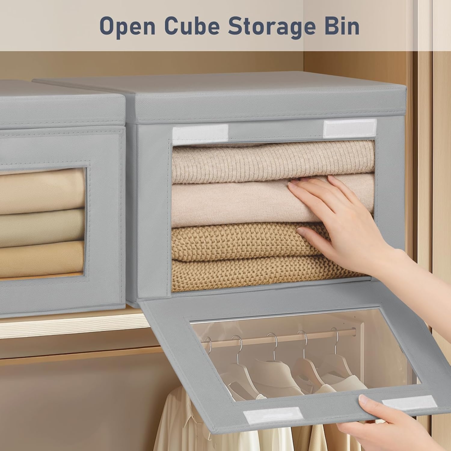 image:imageDIMJ Storage Bins with Lids 6 Pack Large Fabric Closet Organizer with Window amp Handles Collapsible Decorative Storage Boxes for Shelves Under Bed Books Clothes Blankets Sweaters OrganizationGray