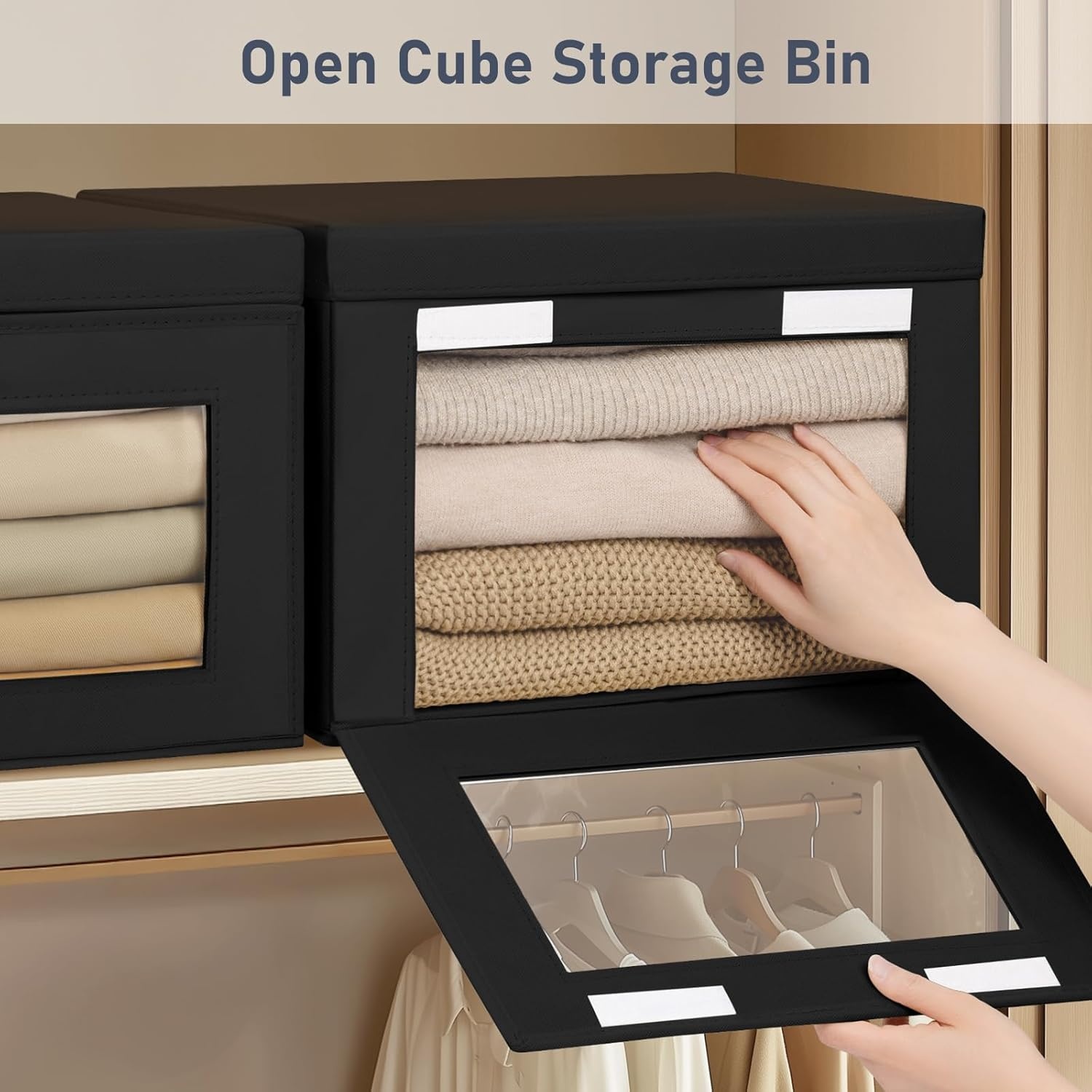 image:imageDIMJ Storage Bins with Lids 6 Pack Large Fabric Closet Organizer with Window amp Handles Collapsible Decorative Storage Boxes for Shelves Under Bed Books Clothes Blankets Sweaters OrganizationBlack