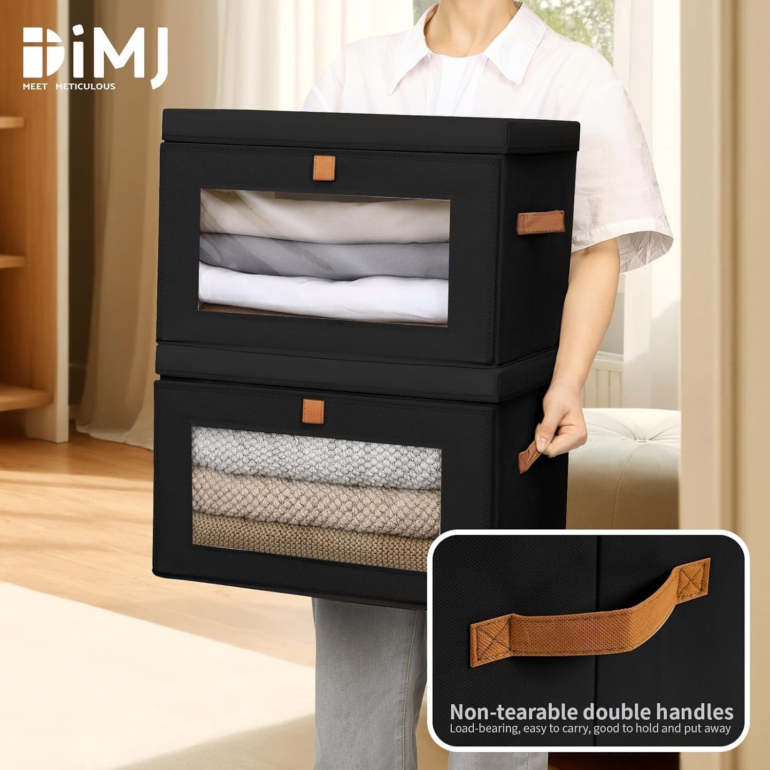 image:imageDIMJ Storage Bins with Lids 6 Pack Large Fabric Closet Organizer with Window amp Handles Collapsible Decorative Storage Boxes for Shelves Under Bed Books Clothes Blankets Sweaters OrganizationBlack