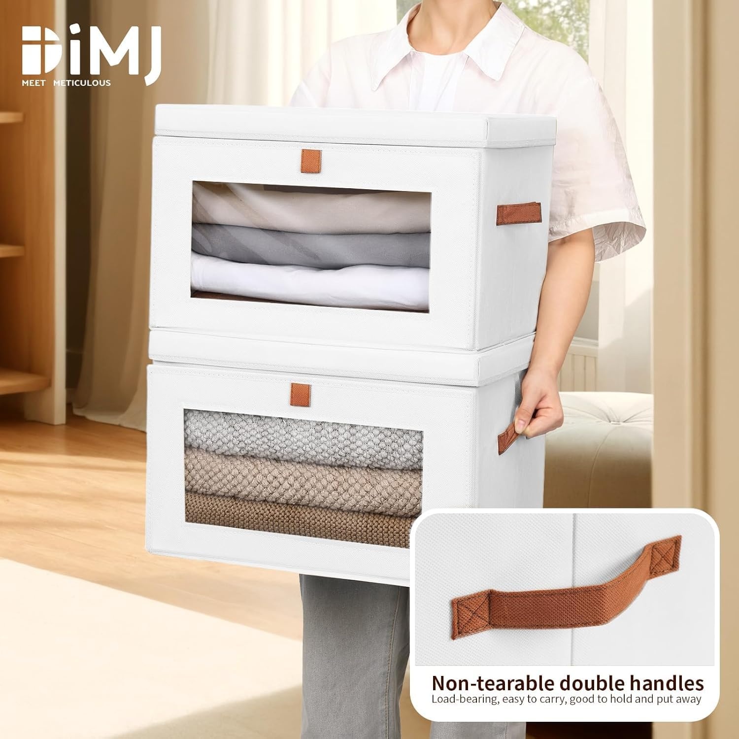 image:imageDIMJ Storage Bins with Lids 6 Pack Large Fabric Closet Organizer with Window amp Handles Collapsible Decorative Storage Boxes for Shelves Under Bed Books Clothes Blankets Sweaters OrganizationWhite