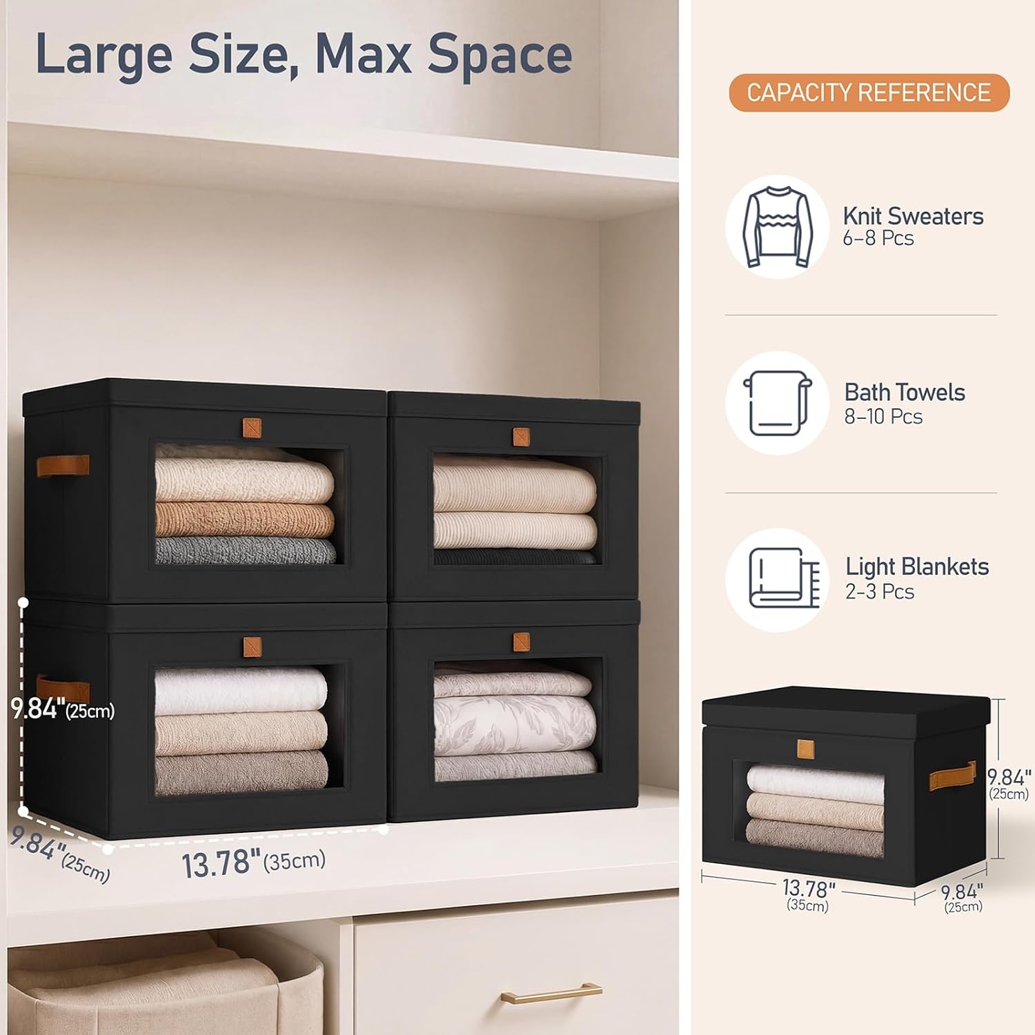 image:imageDIMJ Storage Bins with Lids 6 Pack Large Fabric Closet Organizer with Window amp Handles Collapsible Decorative Storage Boxes for Shelves Under Bed Books Clothes Blankets Sweaters OrganizationBlack