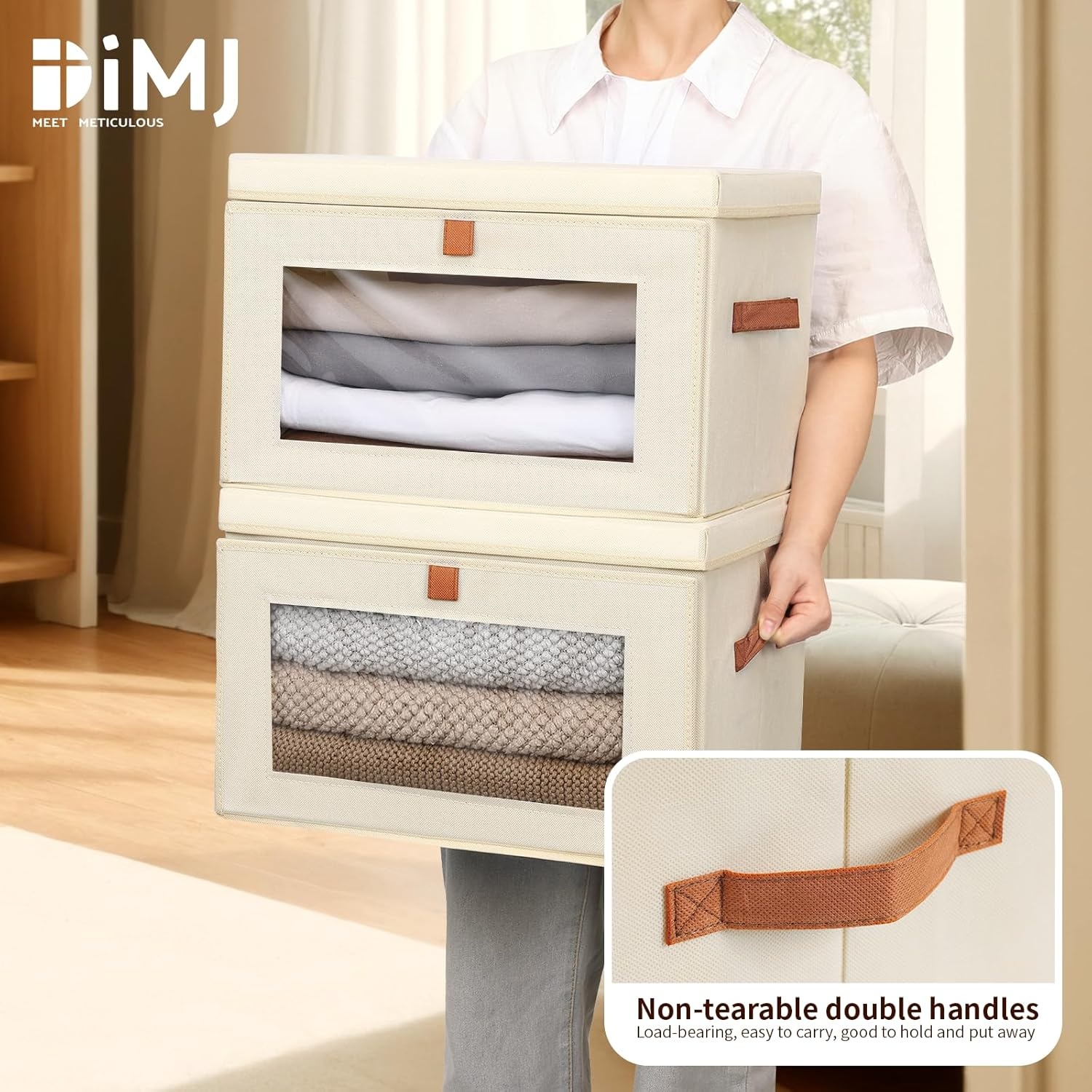 image:imageDIMJ Storage Bins with Lids 6 Pack Large Fabric Closet Organizer with Window amp Handles Collapsible Decorative Storage Boxes for Shelves Under Bed Books Clothes Blankets Sweaters OrganizationBeige