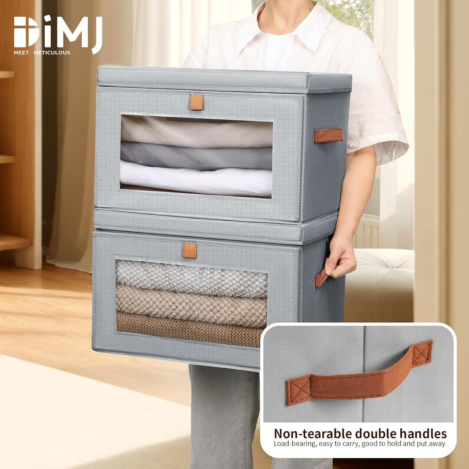 image:imageDIMJ Storage Bins with Lids 6 Pack Large Fabric Closet Organizer with Window amp Handles Collapsible Decorative Storage Boxes for Shelves Under Bed Books Clothes Blankets Sweaters OrganizationGray