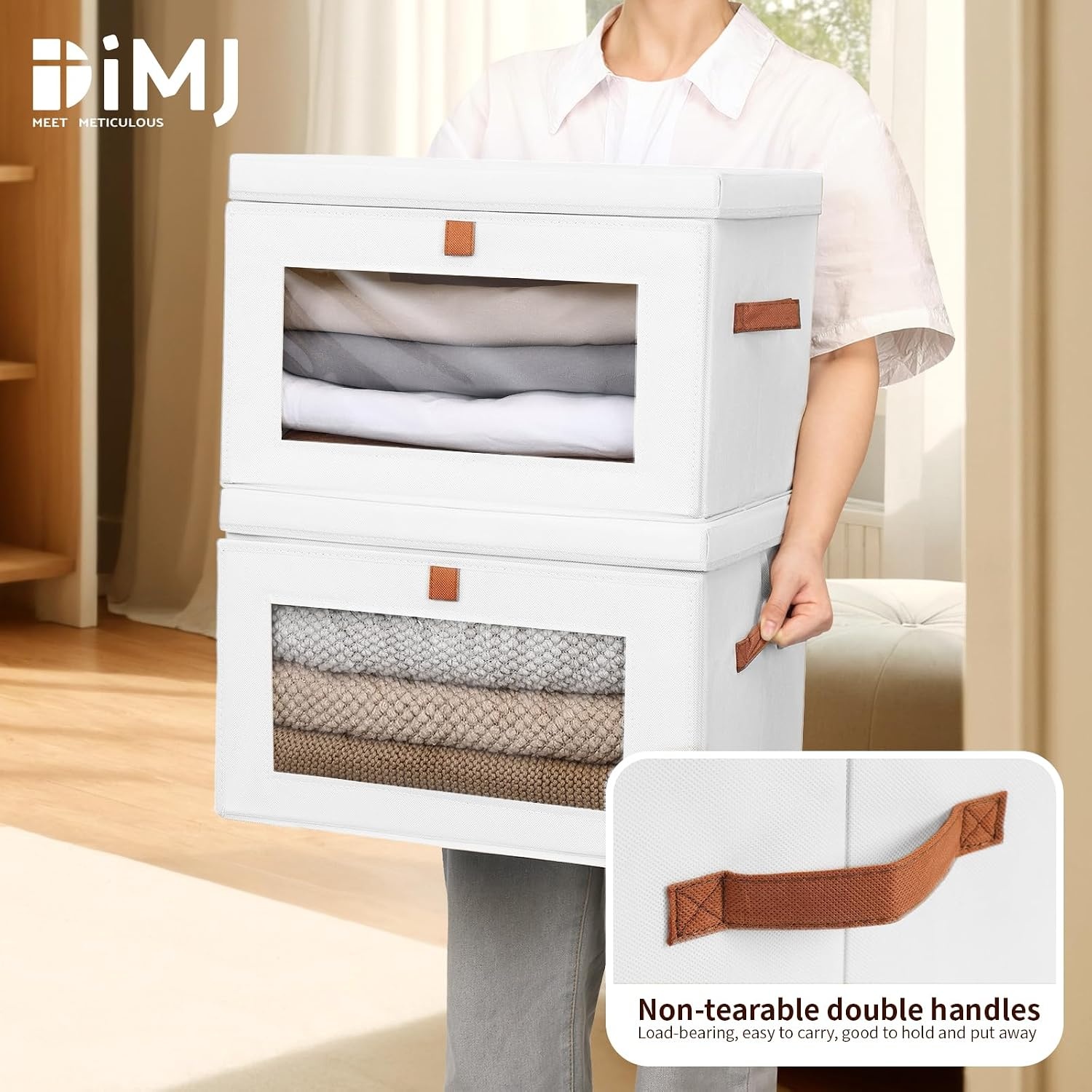 image:imageDIMJ Storage Bins with Lids 6 Pack Large Fabric Closet Organizer with Window amp Handles Collapsible Decorative Storage Boxes for Shelves Under Bed Books Clothes Blankets Sweaters OrganizationWhite