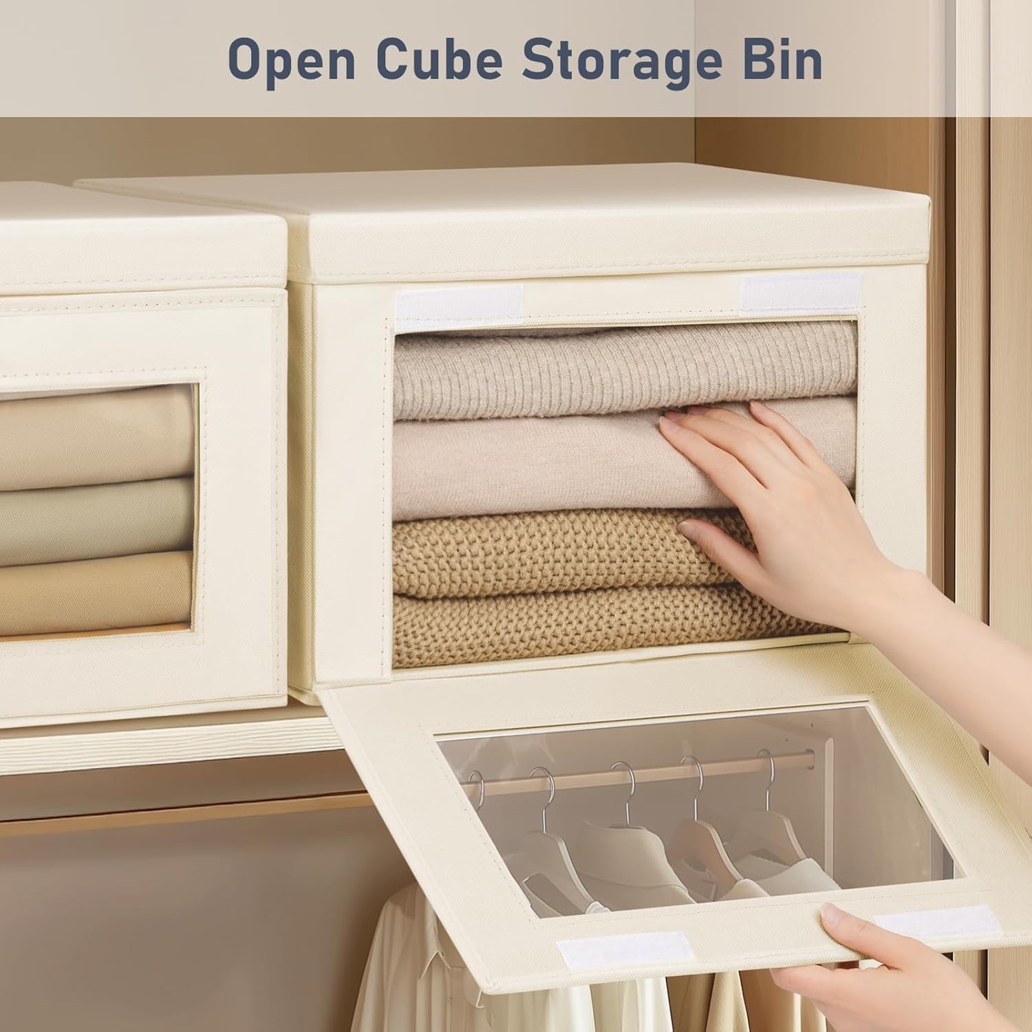 image:imageDIMJ Storage Bins with Lids 6 Pack Large Fabric Closet Organizer with Window amp Handles Collapsible Decorative Storage Boxes for Shelves Under Bed Books Clothes Blankets Sweaters OrganizationBeige