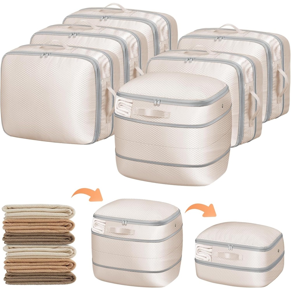 image:imageDIMJ Compression Storage Bags 8 Pack Blanket Storage Bags with Window Zipper Ultra Space Saving Self Compression Organizer for Puffer Jacket Bedding Lightweight Comforter Duvet Sweater SheetBeige