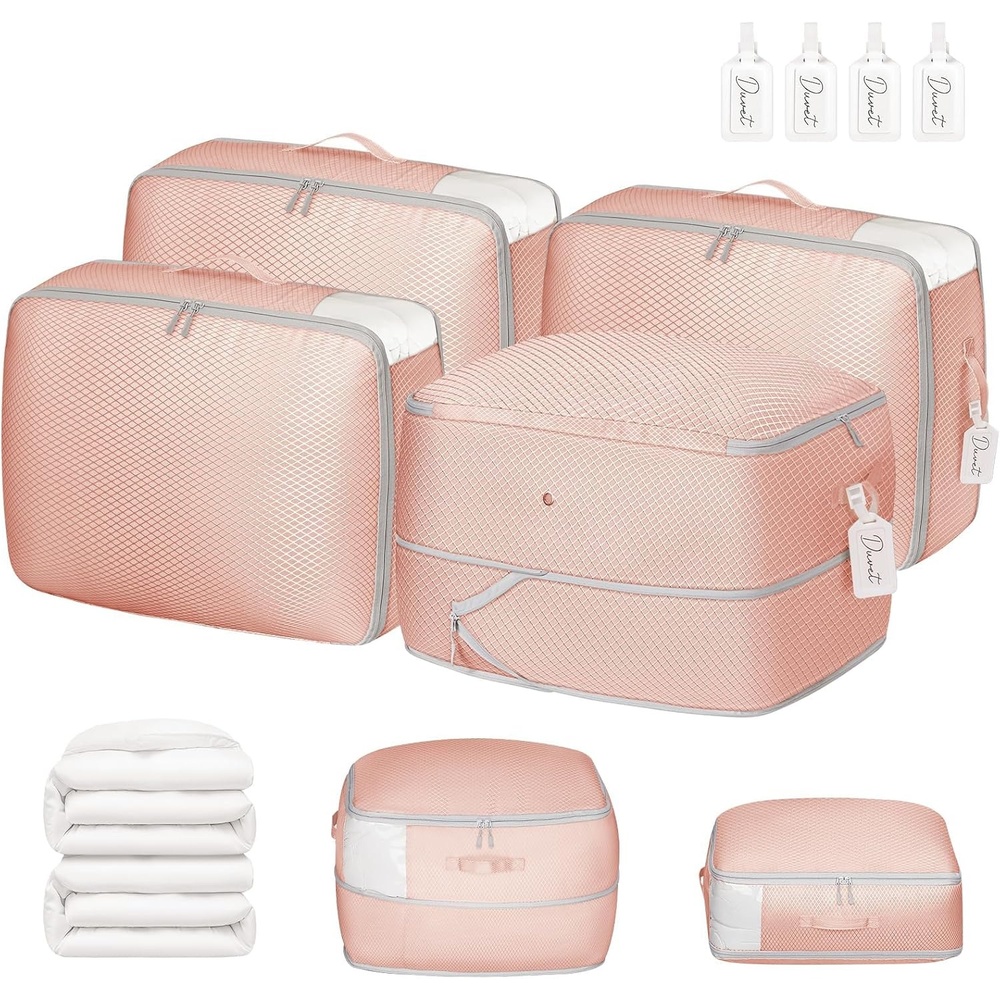 image:imageDIMJ Compression Storage Bags 8 Pack Blanket Storage Bags with Window Zipper Ultra Space Saving Self Compression Organizer for Puffer Jacket Bedding Lightweight Comforter Duvet Sweater SheetPink