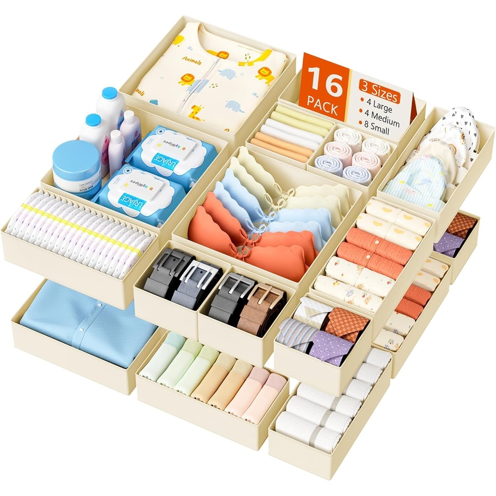 image:imageDIMJ Drawer Organizer Clothes Storage 20 Pack Baby Dresser Organizer for Nursery Foldable Closet Drawer Organizer Bins for Bedroom Organization Fabric Storage Dividers for Socks Underwears BrasBeige