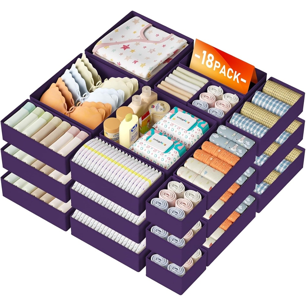 image:imageDIMJ Drawer Organizer Clothes Storage 20 Pack Baby Dresser Organizer for Nursery Foldable Closet Drawer Organizer Bins for Bedroom Organization Fabric Storage Dividers for Socks Underwears BrasPurple