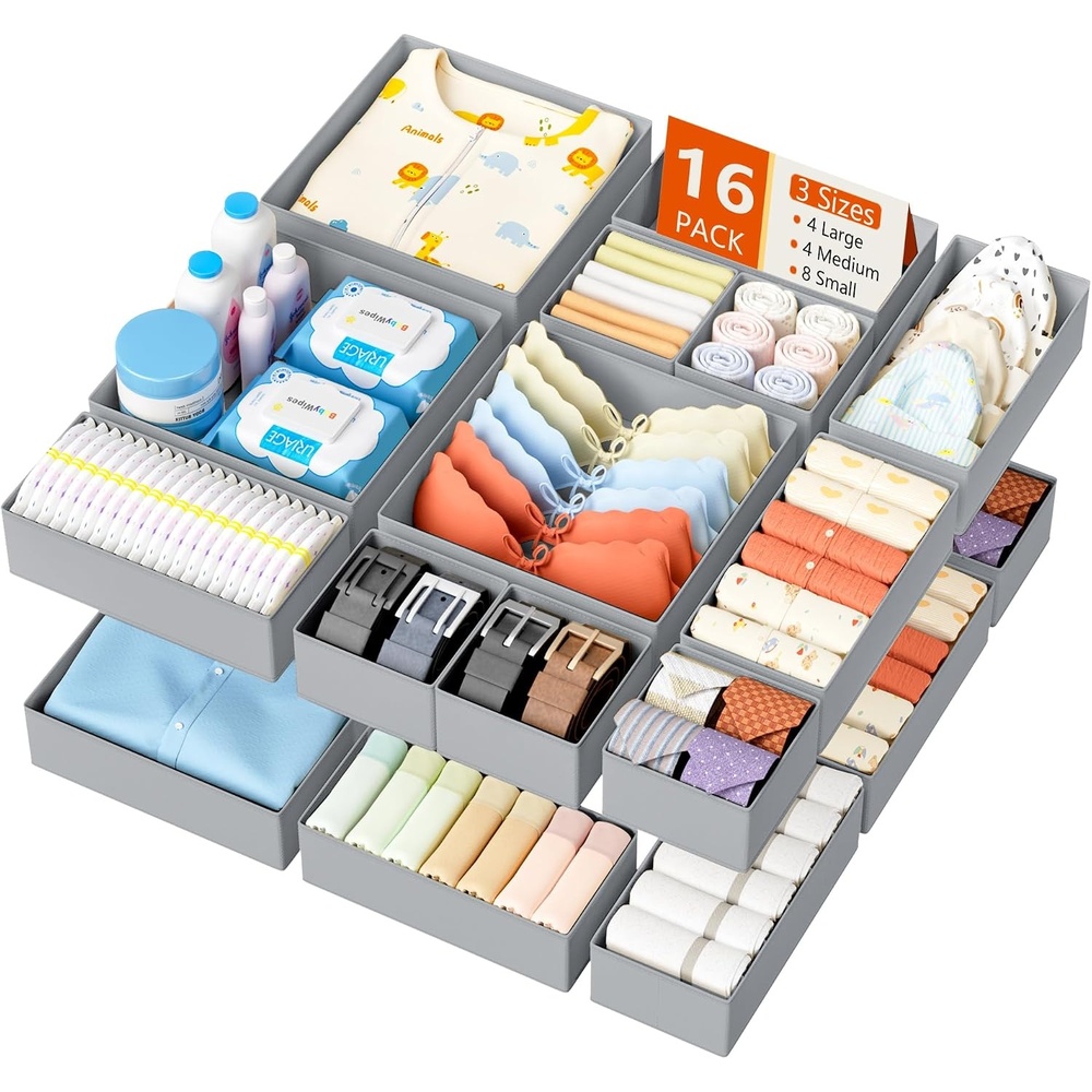 image:imageDIMJ Drawer Organizer Clothes Storage 20 Pack Baby Dresser Organizer for Nursery Foldable Closet Drawer Organizer Bins for Bedroom Organization Fabric Storage Dividers for Socks Underwears BrasGray
