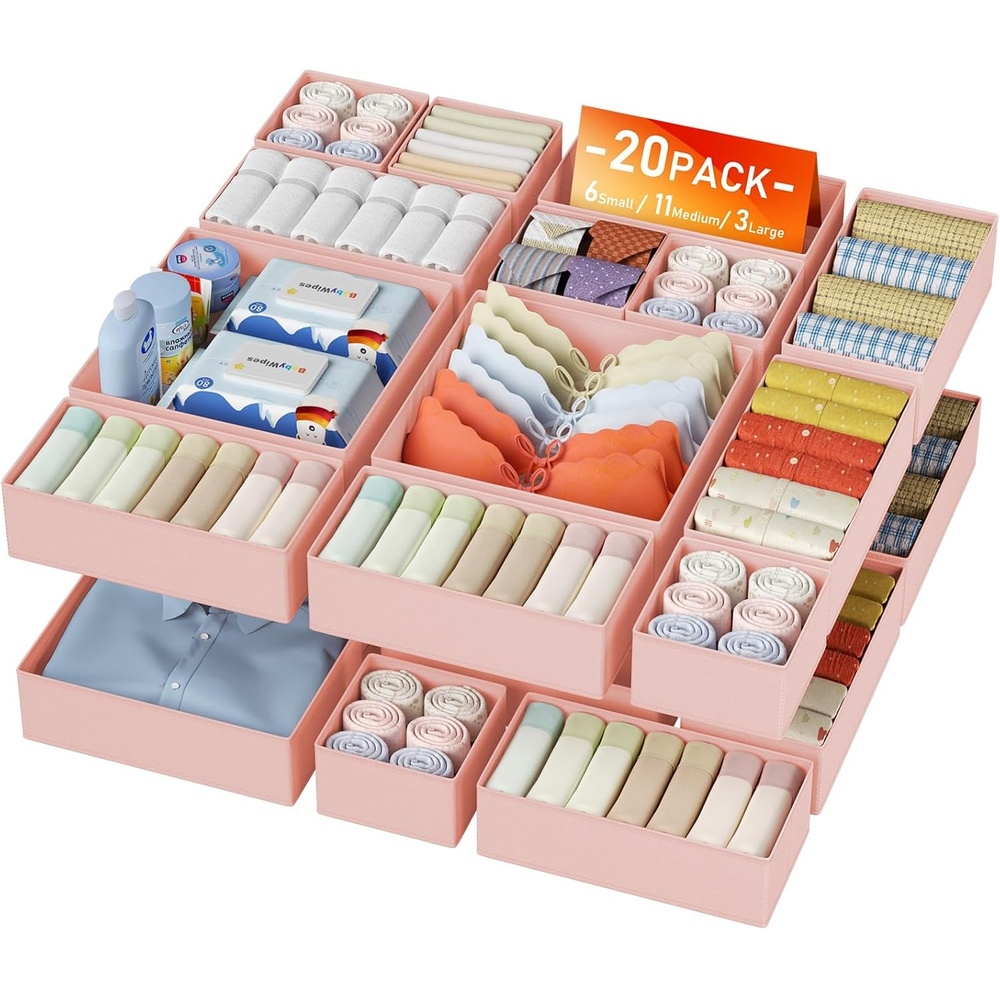 image:imageDIMJ Drawer Organizer Clothes Storage 24 Pack Baby Dresser Organizer for Nursery Small Fabric Closet Drawer Organizer Bins for Underwears Socks Foldable Storage Dividers Organization for BedroomPink