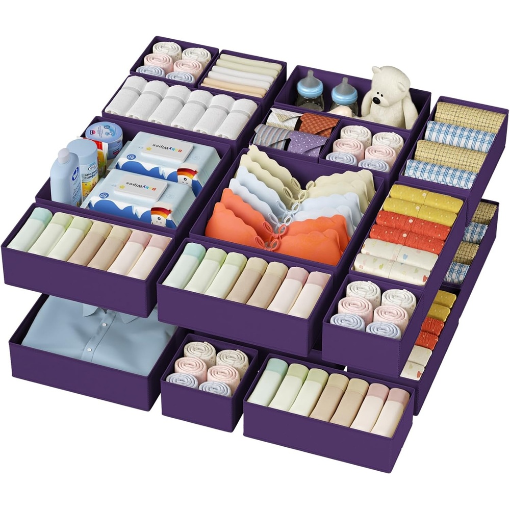 image:imageDIMJ Drawer Organizer Clothes Storage 24 Pack Baby Dresser Organizer for Nursery Small Fabric Closet Drawer Organizer Bins for Underwears Socks Foldable Storage Dividers Organization for BedroomPurple