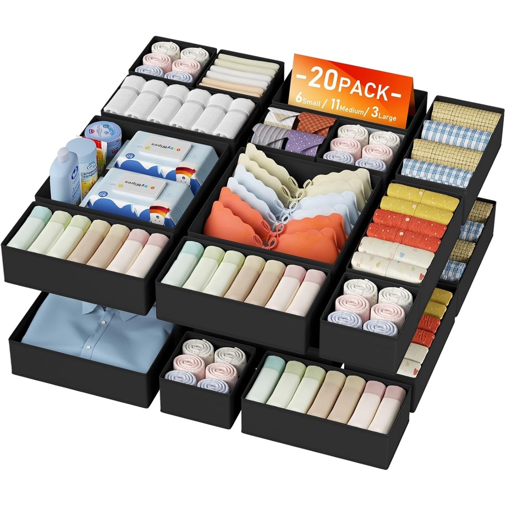 image:imageDIMJ Drawer Organizer Clothes Storage 24 Pack Baby Dresser Organizer for Nursery Small Fabric Closet Drawer Organizer Bins for Underwears Socks Foldable Storage Dividers Organization for BedroomBlack
