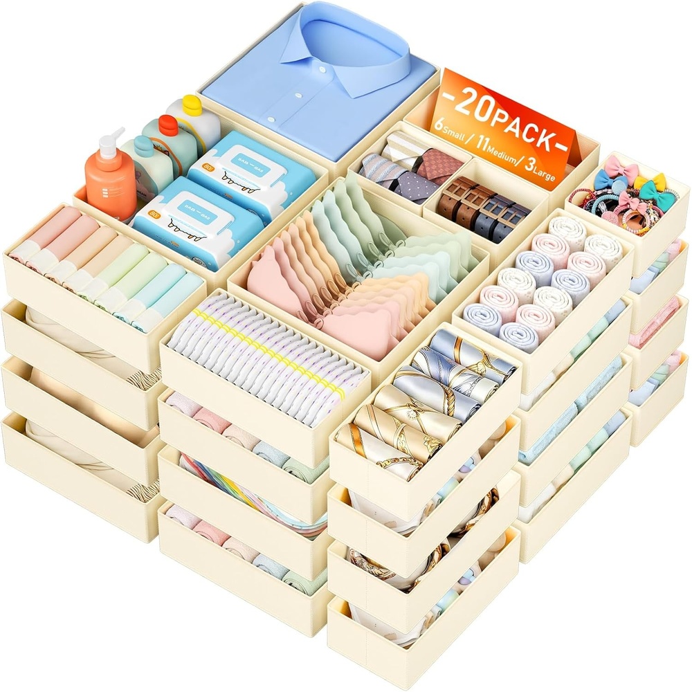 image:imageDIMJ Drawer Organizer Clothes Storage 24 Pack Baby Dresser Organizer for Nursery Small Fabric Closet Drawer Organizer Bins for Underwears Socks Foldable Storage Dividers Organization for BedroomBeige