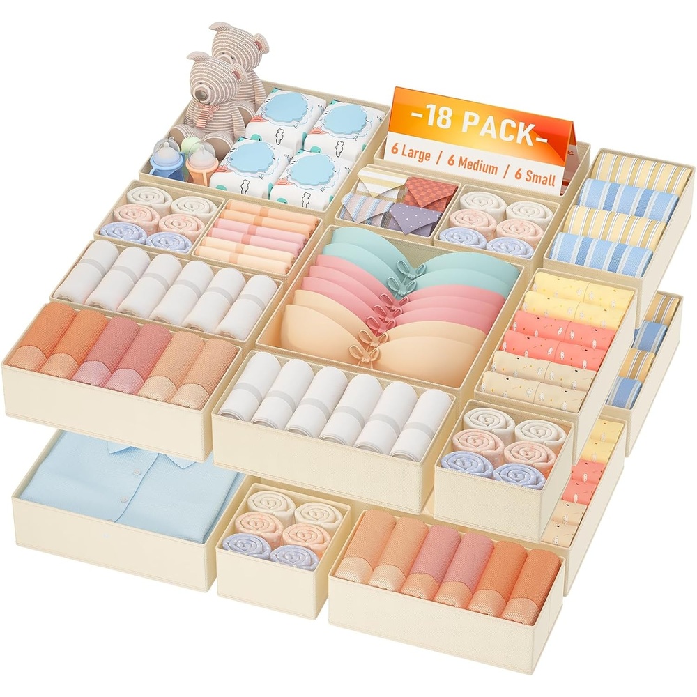 image:imageDIMJ Drawer Organizer Clothes Storage 30 Pack Baby Dresser Organizer for Nursery Small Fabric Closet Drawer Organizer Bins for Underwears Socks Foldable Storage Dividers Organization for BedroomBeige