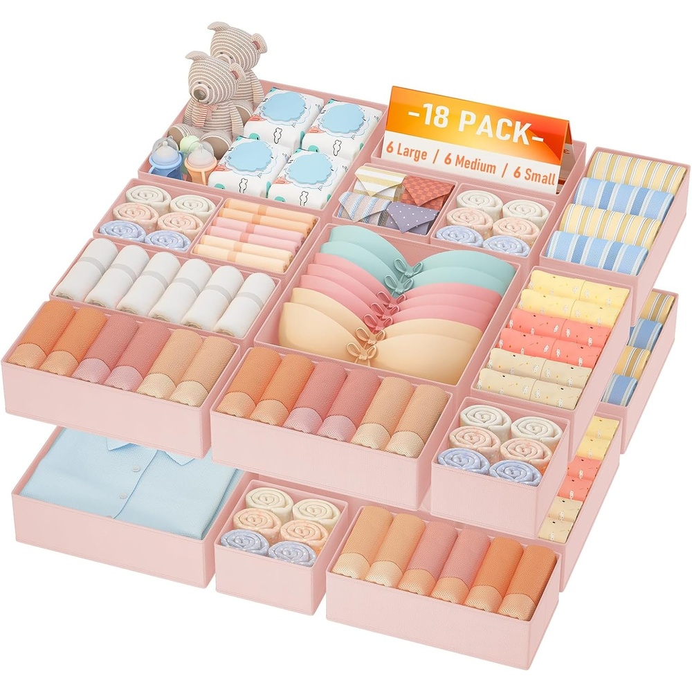 image:imageDIMJ Drawer Organizer Clothes Storage 30 Pack Baby Dresser Organizer for Nursery Small Fabric Closet Drawer Organizer Bins for Underwears Socks Foldable Storage Dividers Organization for BedroomPink