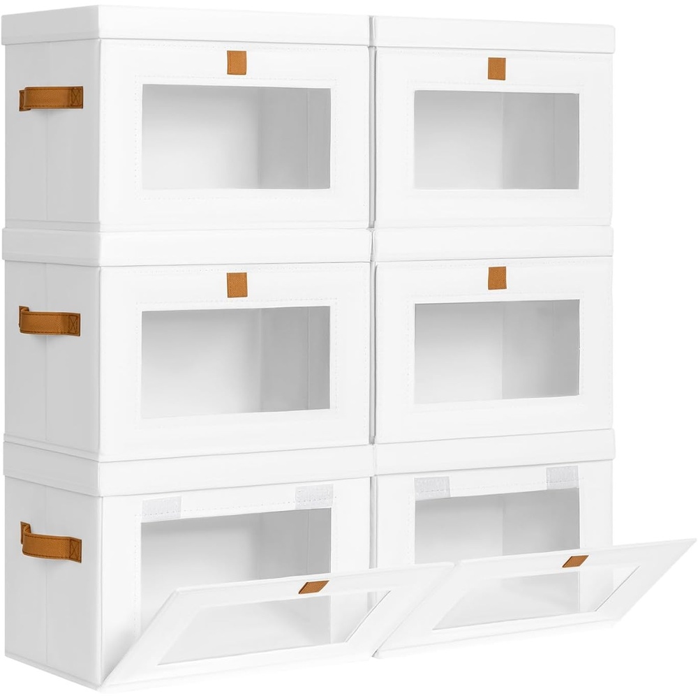 image:imageDIMJ Storage Bins with Lids 6 Pack Front Opening Stackable Fabric Storage Boxes with Clear Window amp Handles Collapsible Closet Organizers for Clothes Sweaters Shelf Storage Bedroom GrayWhite
