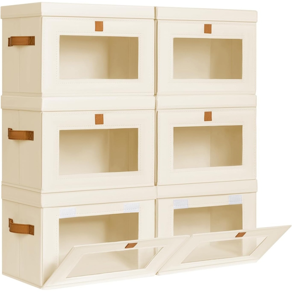 image:imageDIMJ Storage Bins with Lids 6 Pack Front Opening Stackable Fabric Storage Boxes with Clear Window amp Handles Collapsible Closet Organizers for Clothes Sweaters Shelf Storage Bedroom GrayBeige