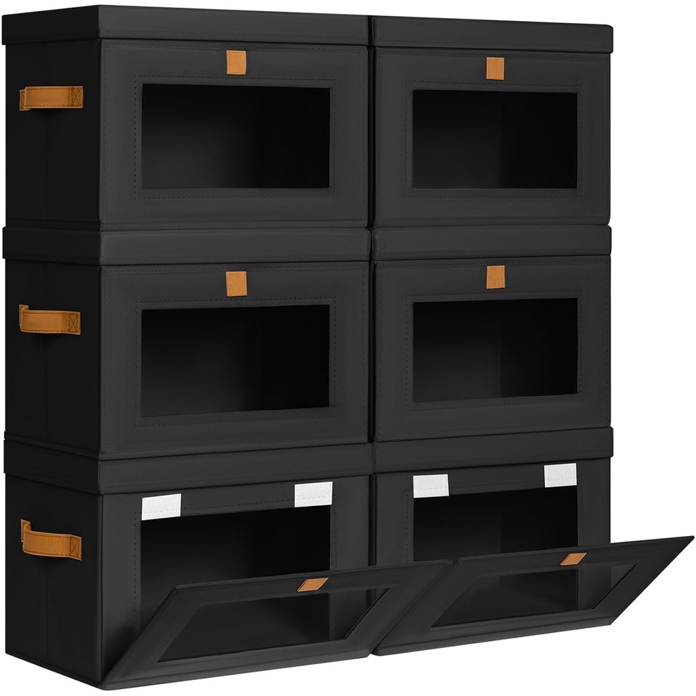 image:imageDIMJ Storage Bins with Lids 6 Pack Front Opening Stackable Fabric Storage Boxes with Clear Window amp Handles Collapsible Closet Organizers for Clothes Sweaters Shelf Storage Bedroom GrayBlack