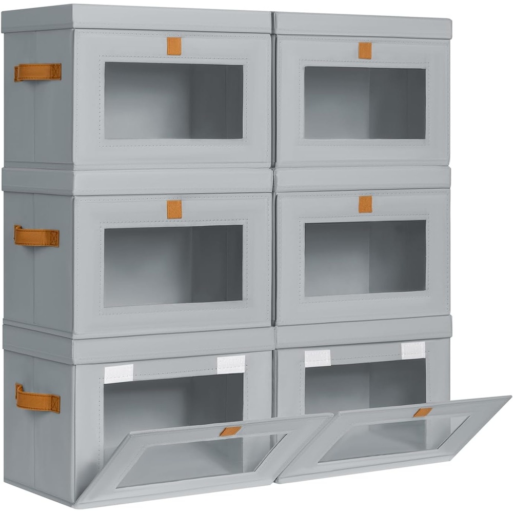 image:imageDIMJ Storage Bins with Lids 6 Pack Front Opening Stackable Fabric Storage Boxes with Clear Window amp Handles Collapsible Closet Organizers for Clothes Sweaters Shelf Storage Bedroom GrayGray