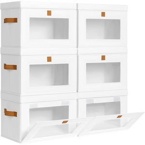 image:imageDIMJ Storage Bins with Lids  6 Pack Front Opening Stackable Fabric Storage Boxes with Clear Window amp Handles Collapsible Closet Organizers for Clothes Sweaters Shelf Storage Bedroom GrayWhite
