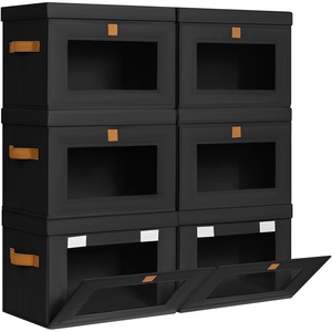 image:imageDIMJ Storage Bins with Lids  6 Pack Front Opening Stackable Fabric Storage Boxes with Clear Window amp Handles Collapsible Closet Organizers for Clothes Sweaters Shelf Storage Bedroom GrayBlack