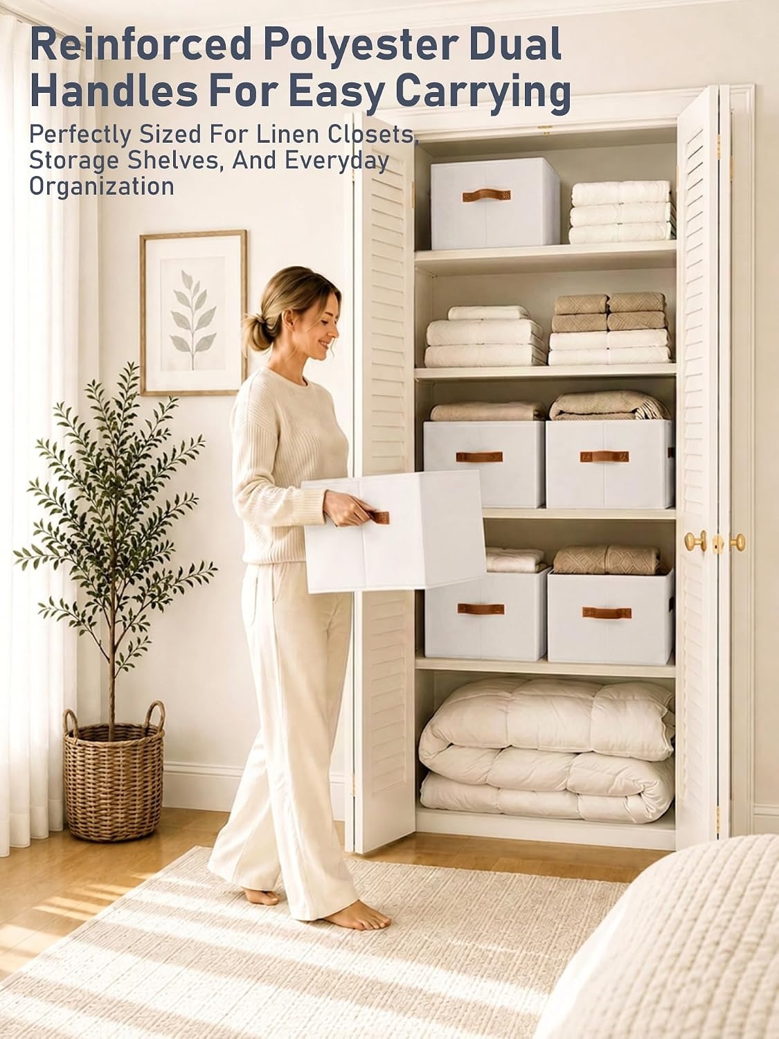 image:image8 Pack Large Closet Storage Baskets Bins for Shelves Collapsible Fabric Closet Organizers and Storage with Polyester Handles Decorative Baskets for Organizing Clothes Towels Linen Closet 14x10White