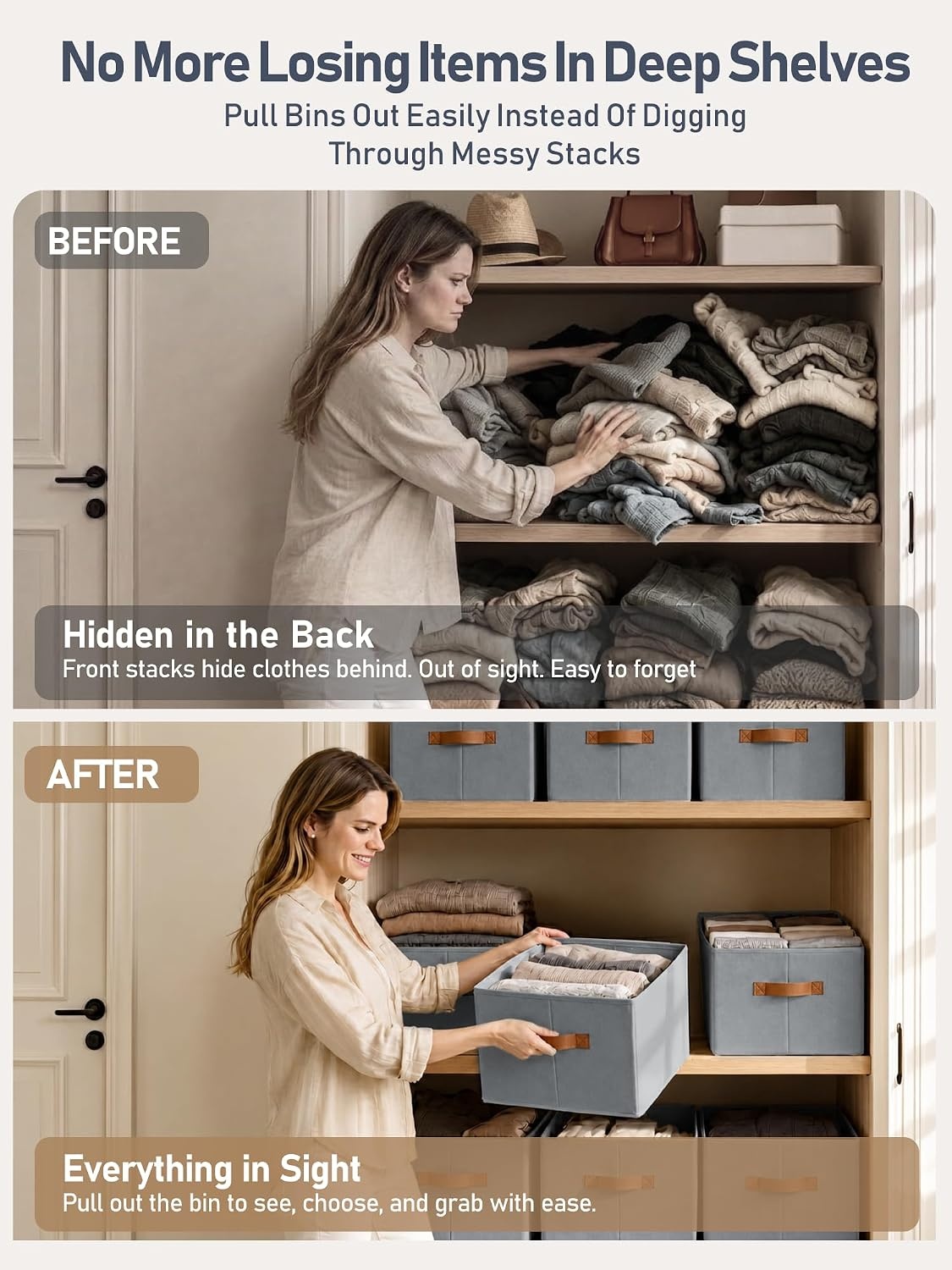 image:image8 Pack Large Closet Storage Baskets Bins for Shelves Collapsible Fabric Closet Organizers and Storage with Polyester Handles Decorative Baskets for Organizing Clothes Towels Linen Closet 14x10Gray