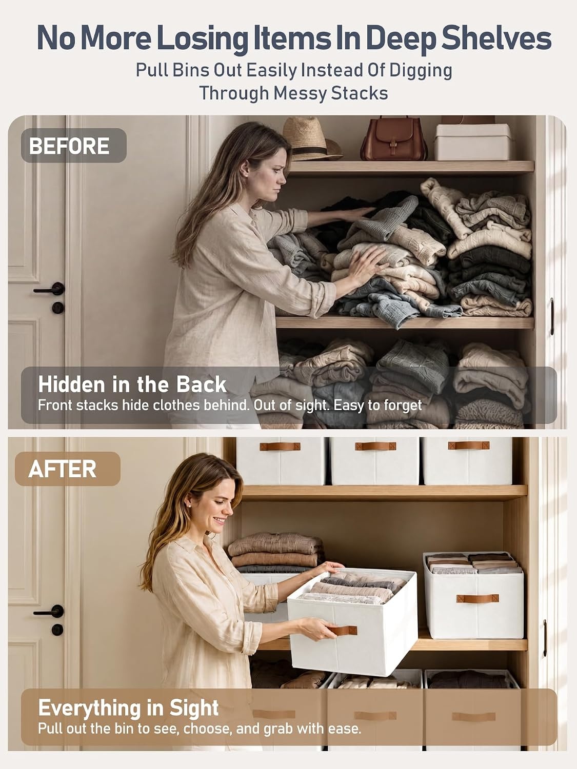 image:image8 Pack Large Closet Storage Baskets Bins for Shelves Collapsible Fabric Closet Organizers and Storage with Polyester Handles Decorative Baskets for Organizing Clothes Towels Linen Closet 14x10White