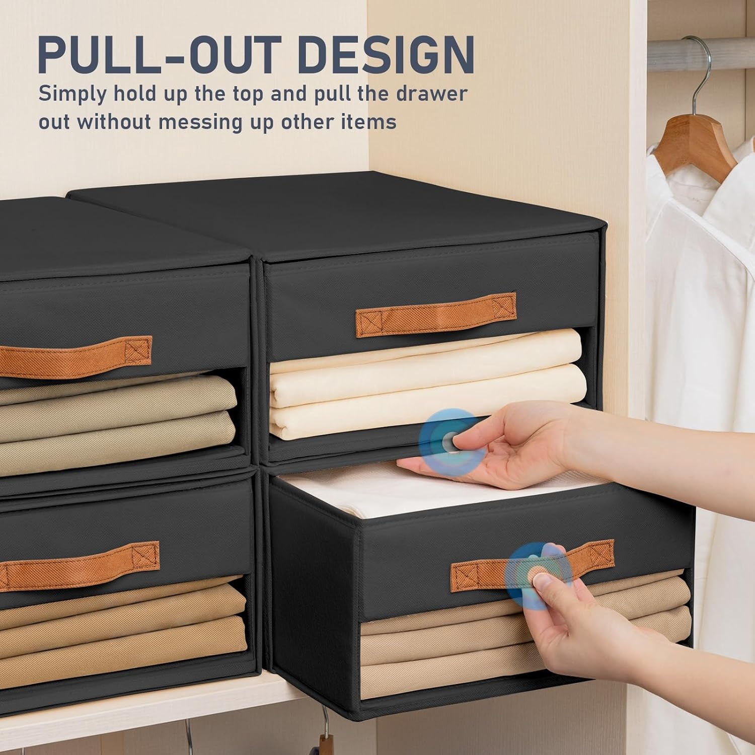 image:imageDIMJ Closet Organizers and Storage Foldable Storage Bins with Drawers Fabric Stackable Storage Drawers with Clear WindowFabric Clothes Organizers and Storage Drawers for Closet 4Pack BlackBlack