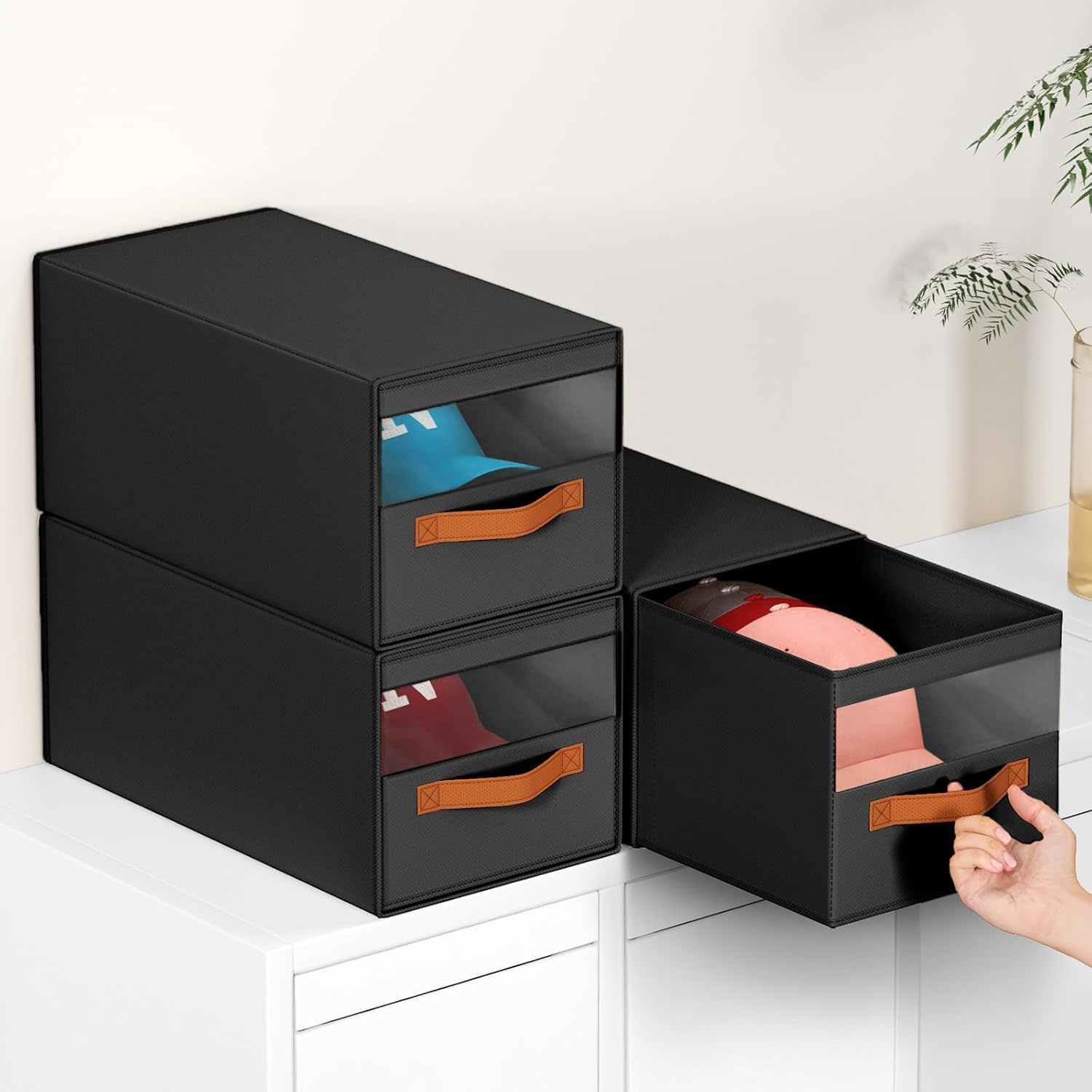 image:imageDIMJ Closet Organizers and Storage Foldable Storage Bins with Drawers Fabric Stackable Storage Drawers with Clear WindowFabric Clothes Organizers and Storage Drawers for Closet 4Pack BlackBlack