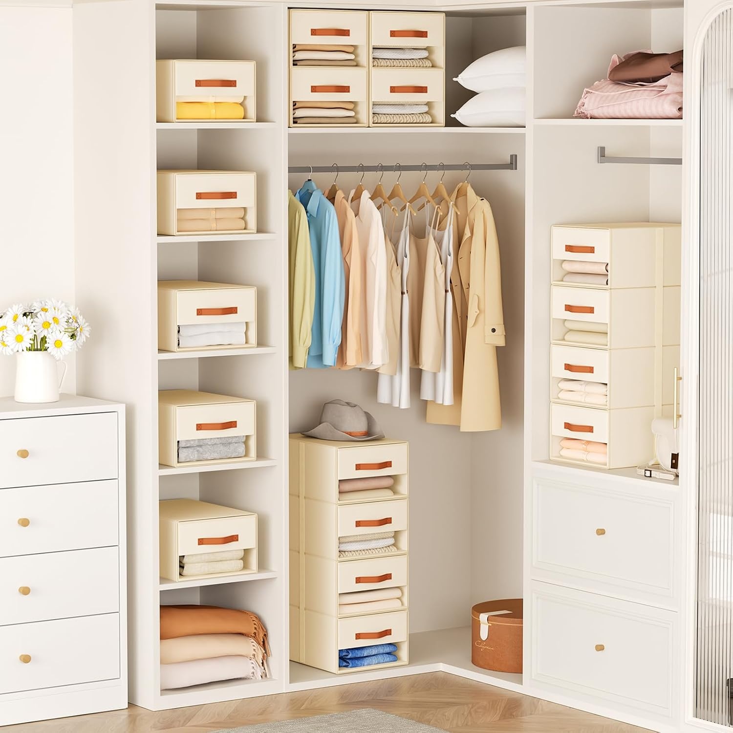 image:imageDIMJ Closet Organizers and Storage Foldable Storage Bins with Drawers Fabric Stackable Storage Drawers with Clear WindowFabric Clothes Organizers and Storage Drawers for Closet 4Pack BlackBeige