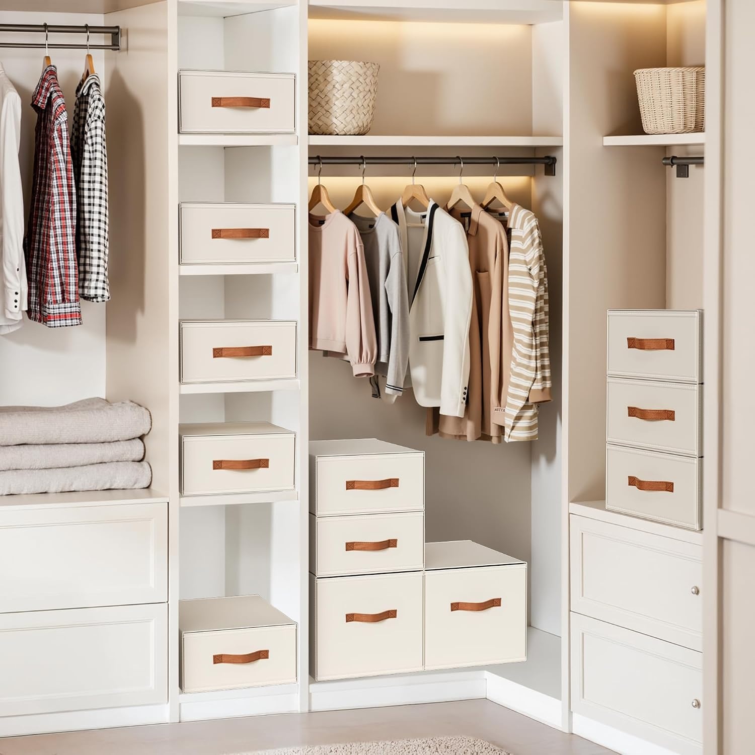 image:imageDIMJ Closet Organizers and Storage Foldable Storage Bins with Drawers Fabric Stackable Storage Drawers with Clear WindowFabric Clothes Organizers and Storage Drawers for Closet 4Pack BlackBeige