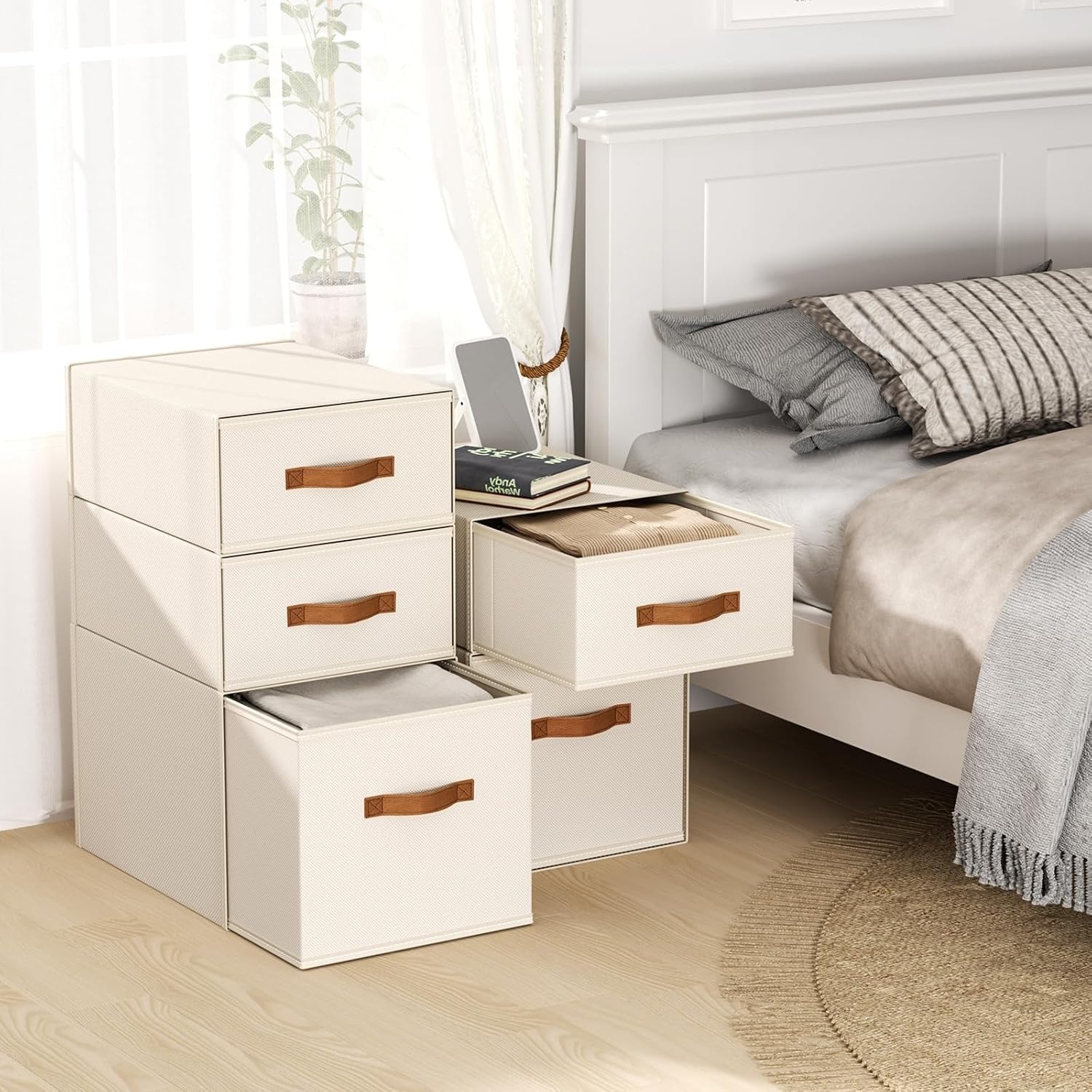 image:imageDIMJ Closet Organizers and Storage Foldable Storage Bins with Drawers Fabric Stackable Storage Drawers with Clear WindowFabric Clothes Organizers and Storage Drawers for Closet 4Pack BlackBeige