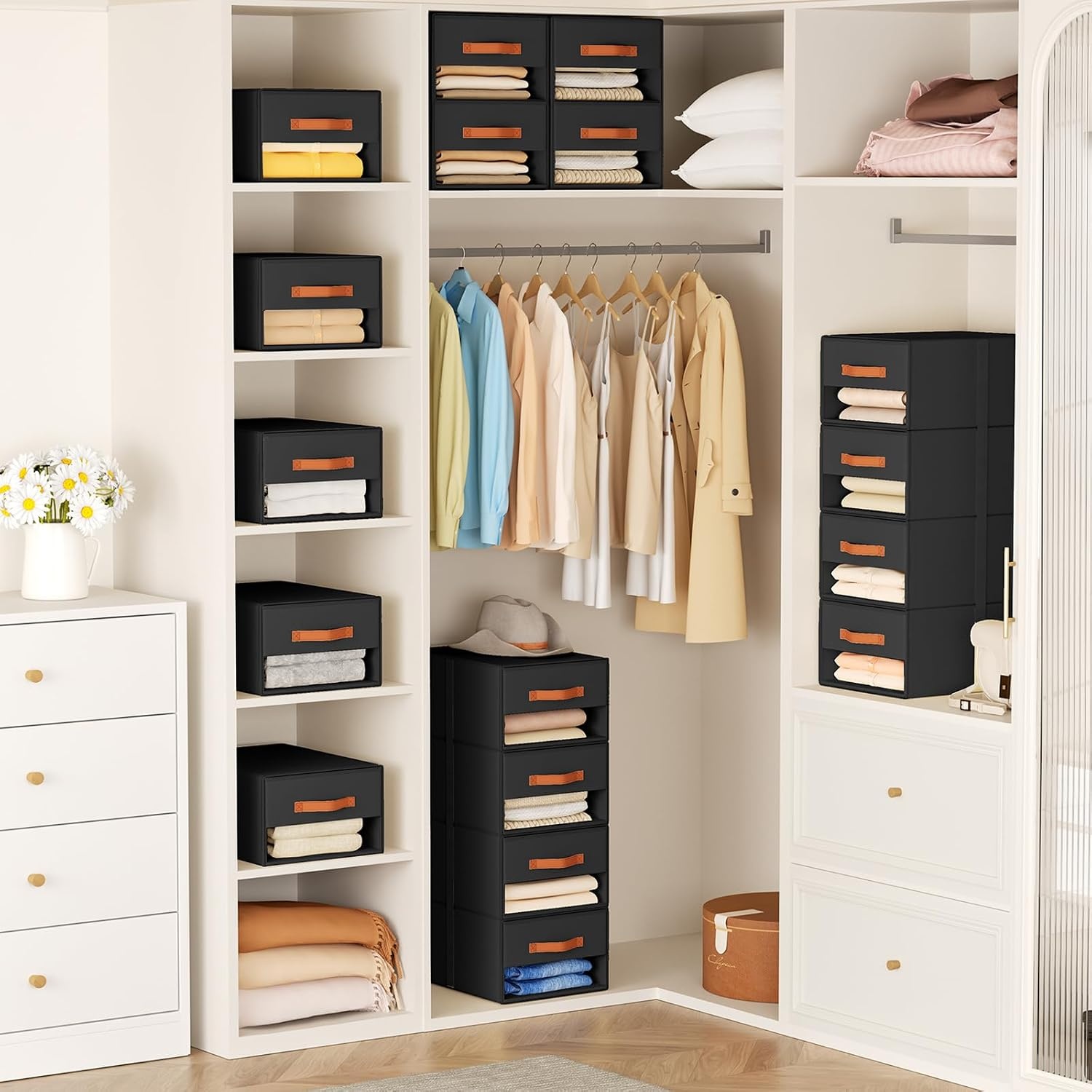 image:imageDIMJ Closet Organizers and Storage Foldable Storage Bins with Drawers Fabric Stackable Storage Drawers with Clear WindowFabric Clothes Organizers and Storage Drawers for Closet 4Pack BlackBlack